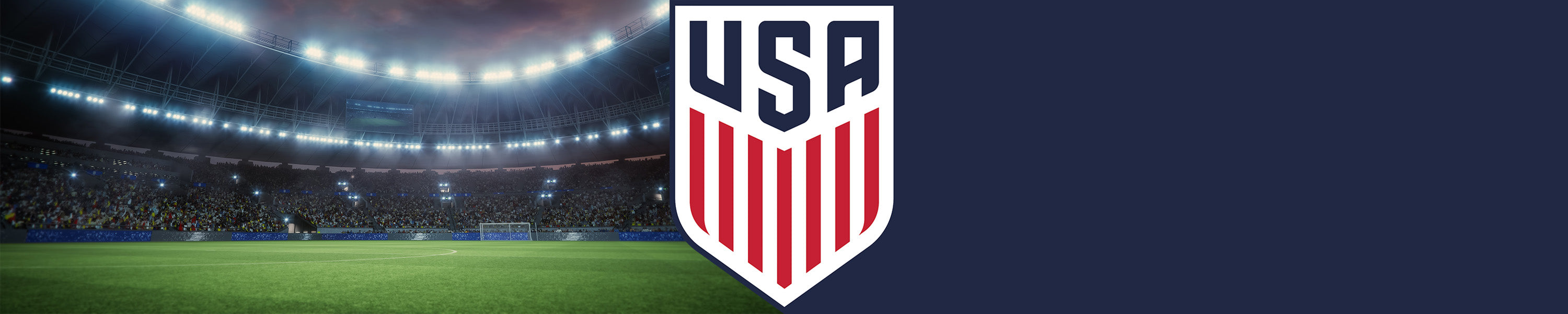 Us Soccer log with soccer field in background