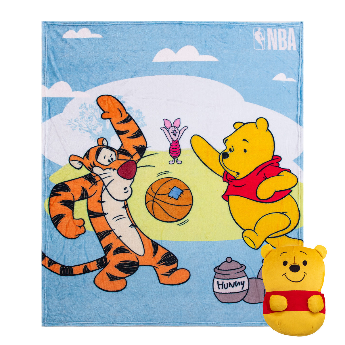 NBA Disney Winnie the Pooh  Set Silk Touch Throw Blanket 50x60 inches and Hugger Set, 11 inches