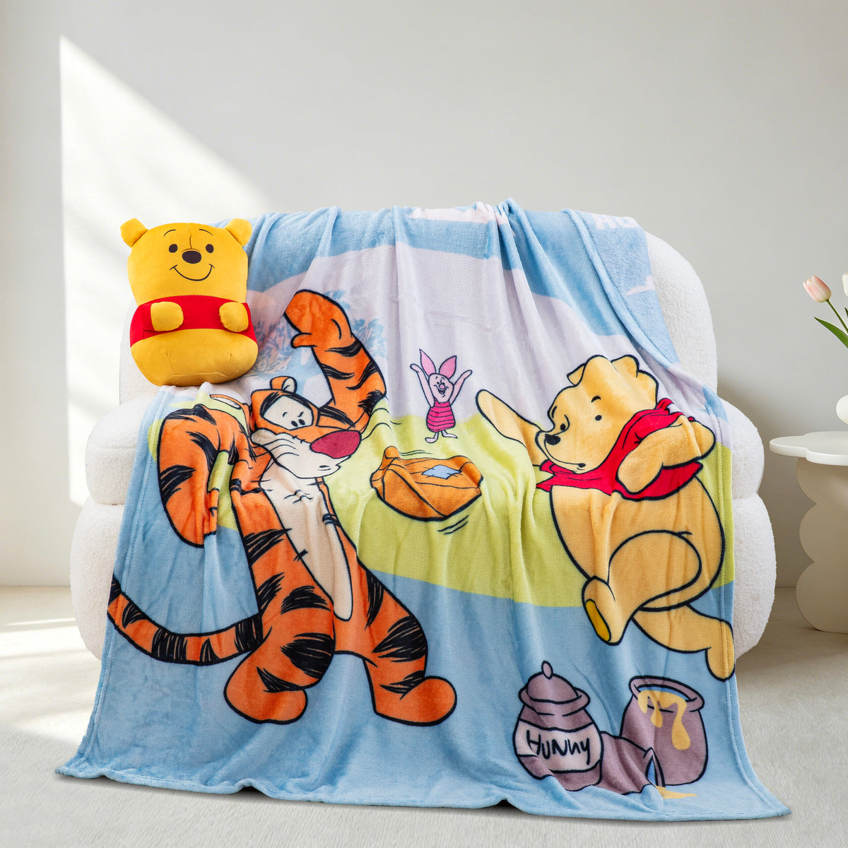 NBA Disney Winnie the Pooh  Set Silk Touch Throw Blanket 50x60 inches and Hugger Set, 11 inches