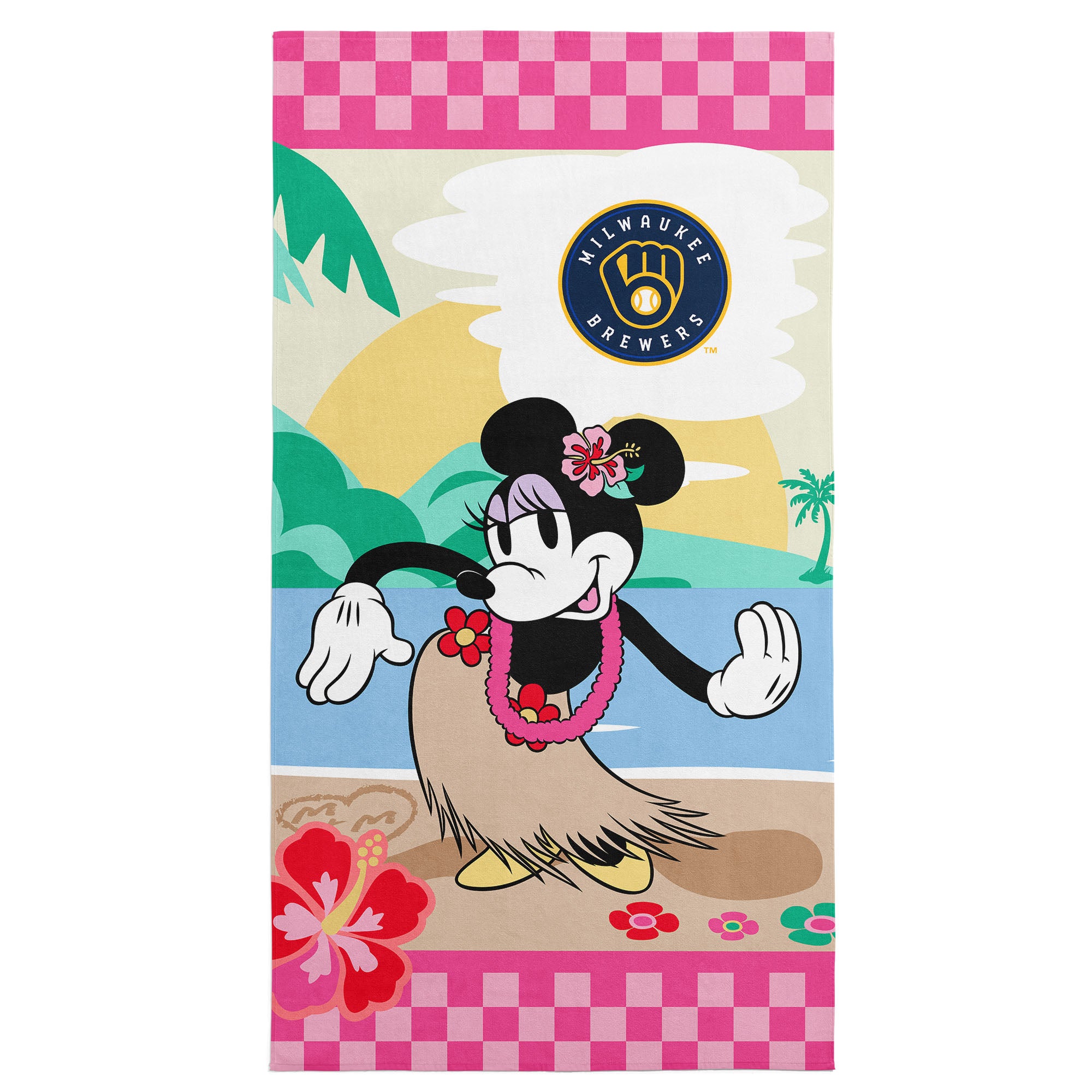 MLB Milwaukee Brewers Disney Minnie Mouse Beachy Check Pink Microfiber Beach Towel 30x60 inches