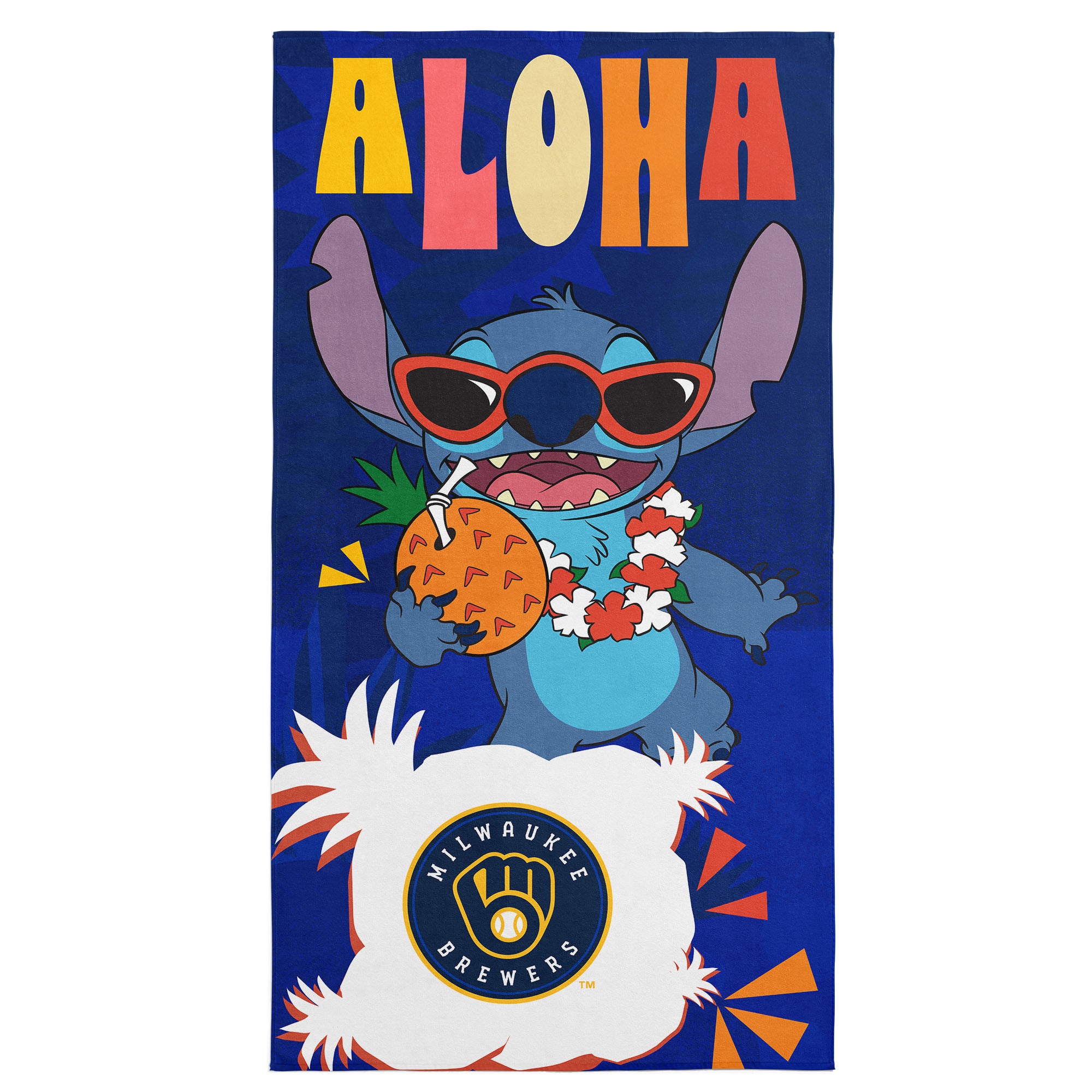 MLB Milwaukee Brewers Disney Lilo & Stitch Tropic Royal Microfiber Beach Towel 30x60 inches