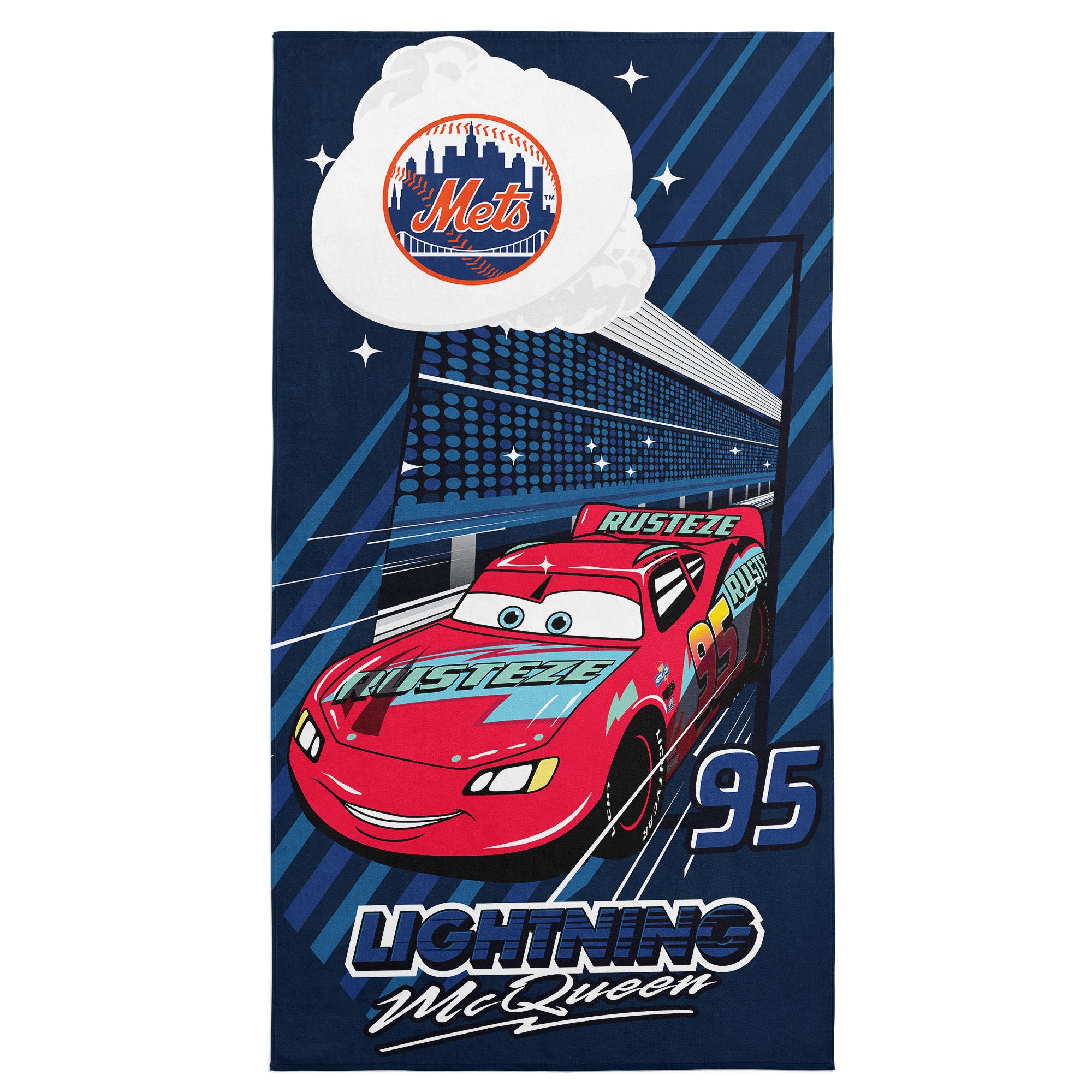 MLB New York Mets Disney Cars Speedline Navy Microfiber Beach Towel 30x60 inches