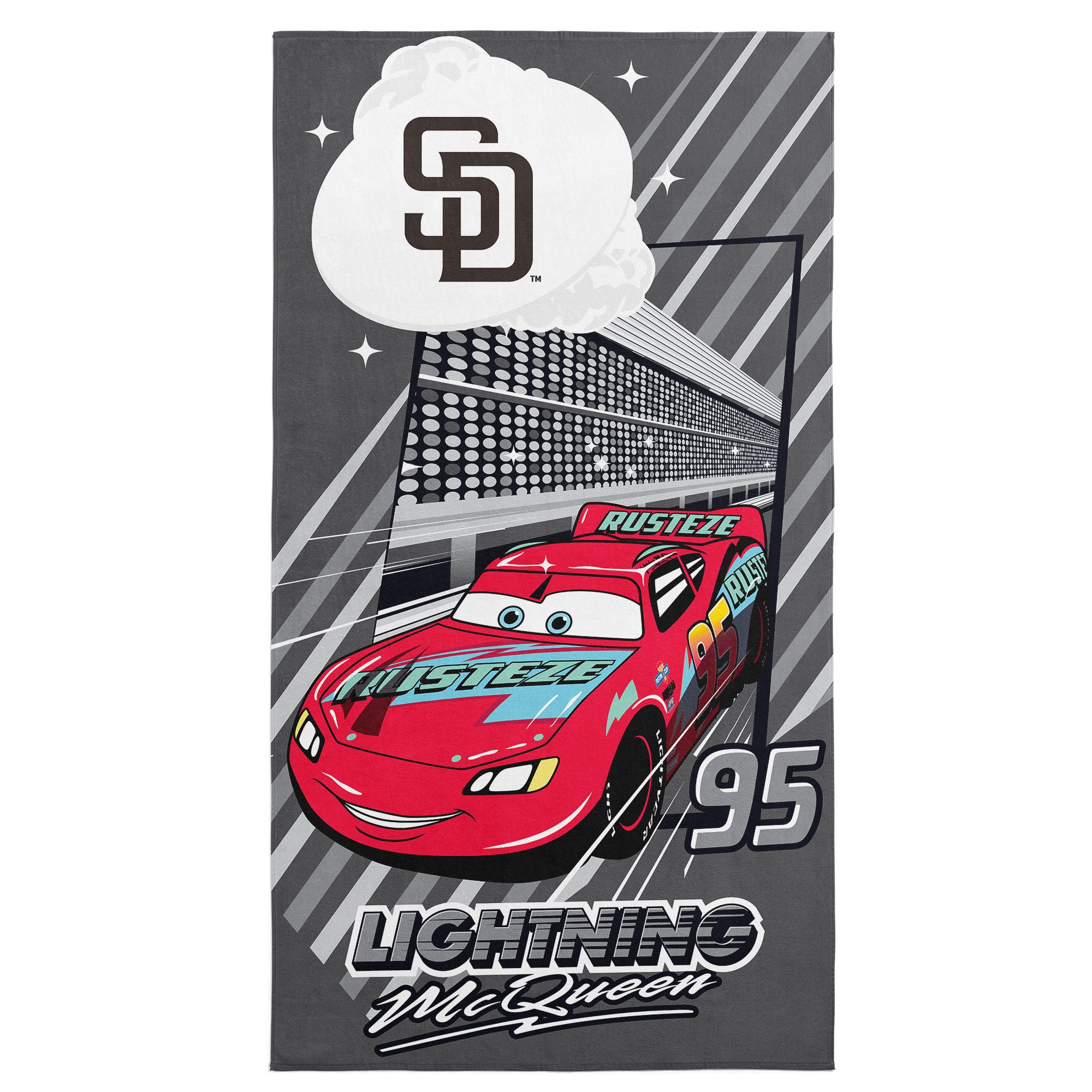 MLB San Diego Padres Disney Cars Speedline Grey Microfiber Beach Towel 30x60 inches