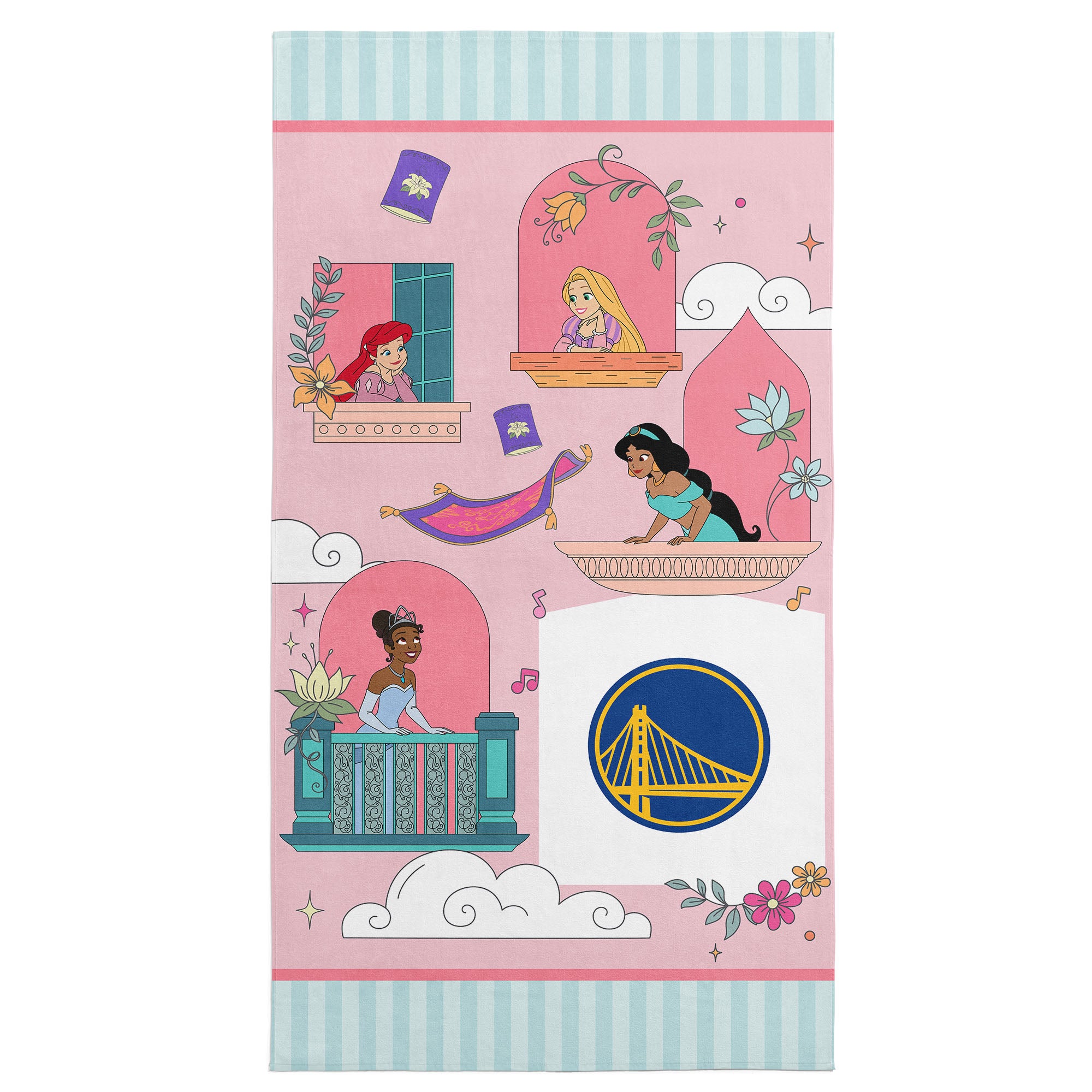 NBA Golden State Warriors Disney Princesses Window Scene Pink Microfiber Beach Towel 30x60 inches