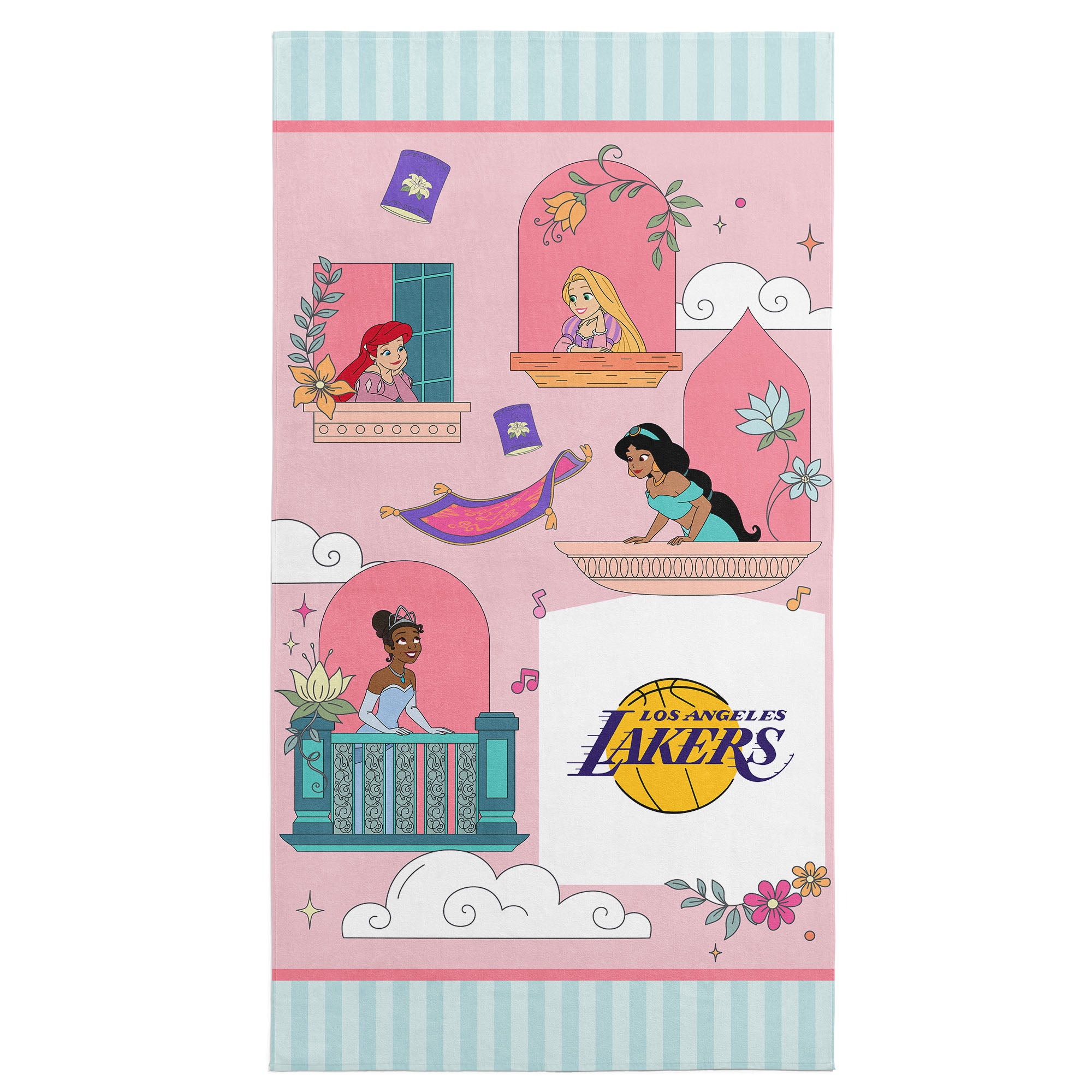 NBA Los Angeles Lakers Disney Princesses Window Scene Pink Microfiber Beach Towel 30x60 inches