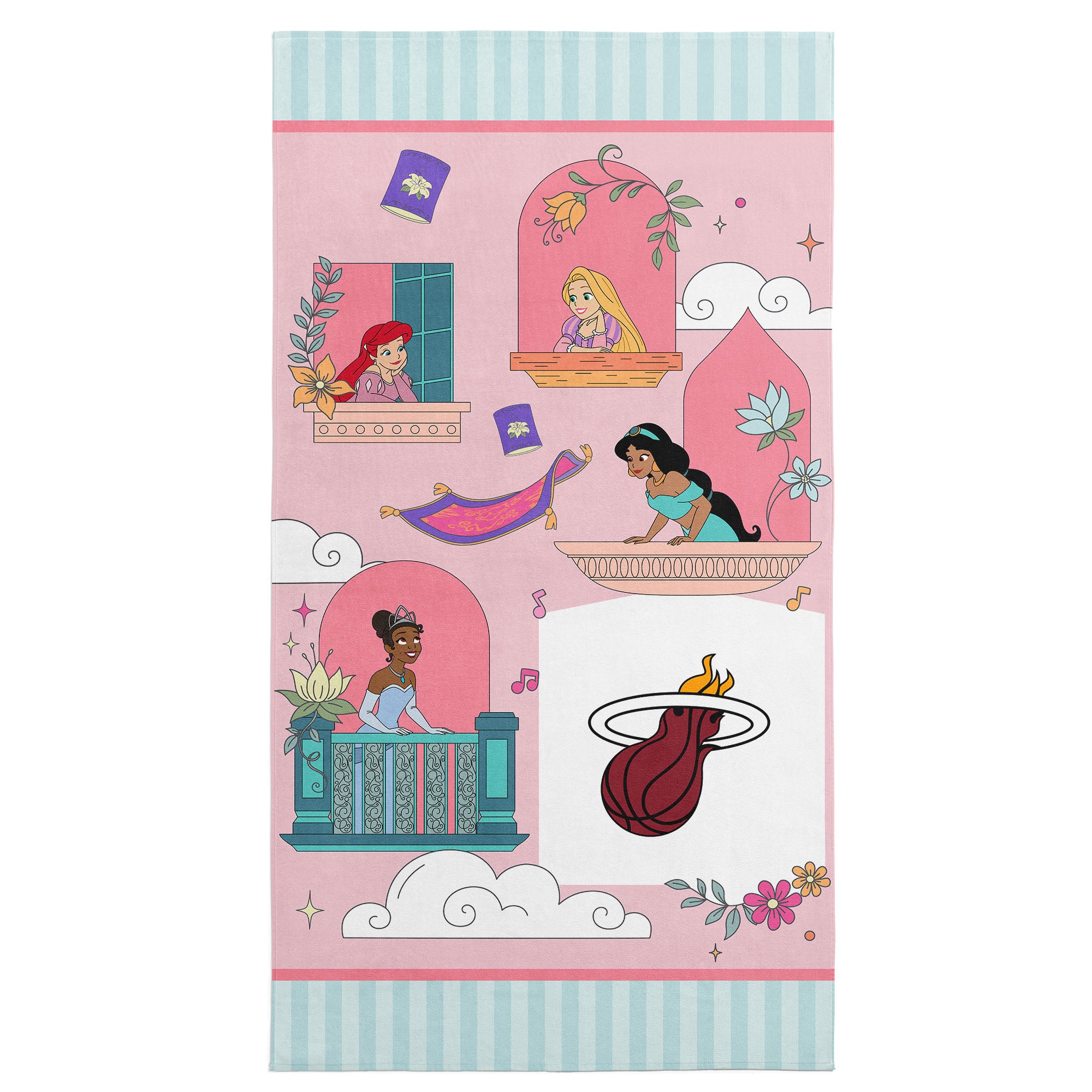 NBA Miami Heat Disney Princesses Window Scene Pink Microfiber Beach Towel 30x60 inches