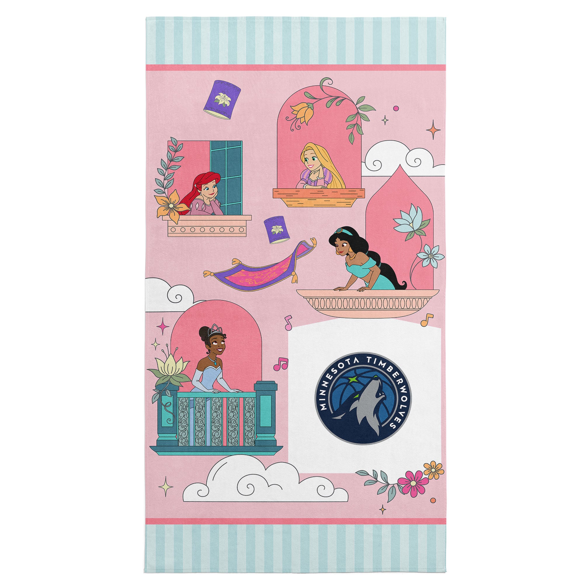 NBA Minnesota Timberwolves Disney Princesses Window Scene Pink Microfiber Beach Towel 30x60 inches