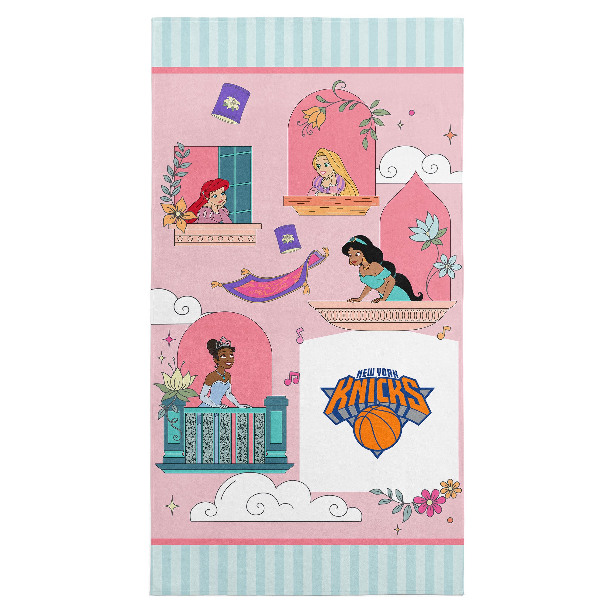 NBA New York Knicks Disney Princesses Window Scene Pink Microfiber Beach Towel 30x60 inches