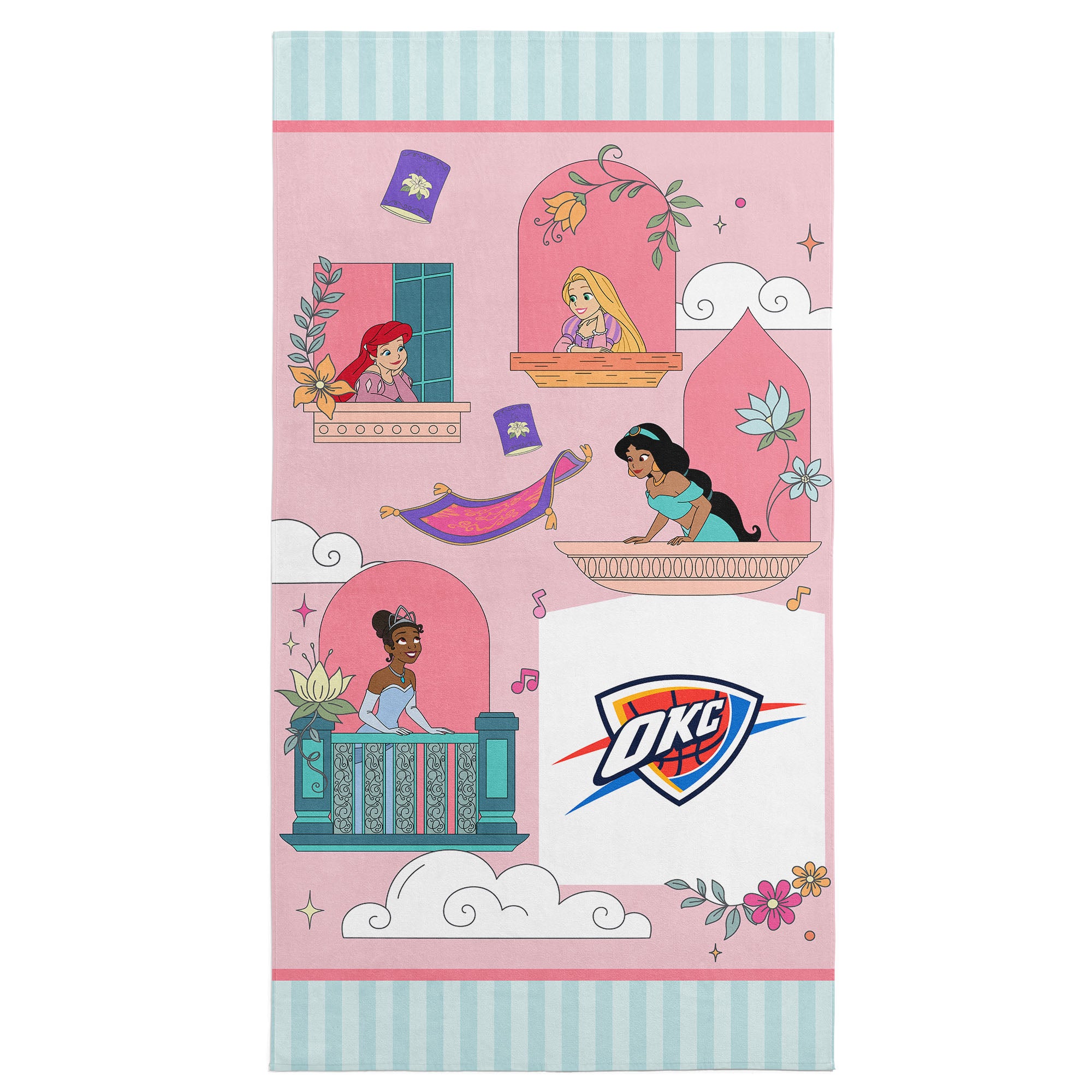 NBA Oklahoma City Thunder Disney Princesses Window Scene Pink Microfiber Beach Towel 30x60 inches