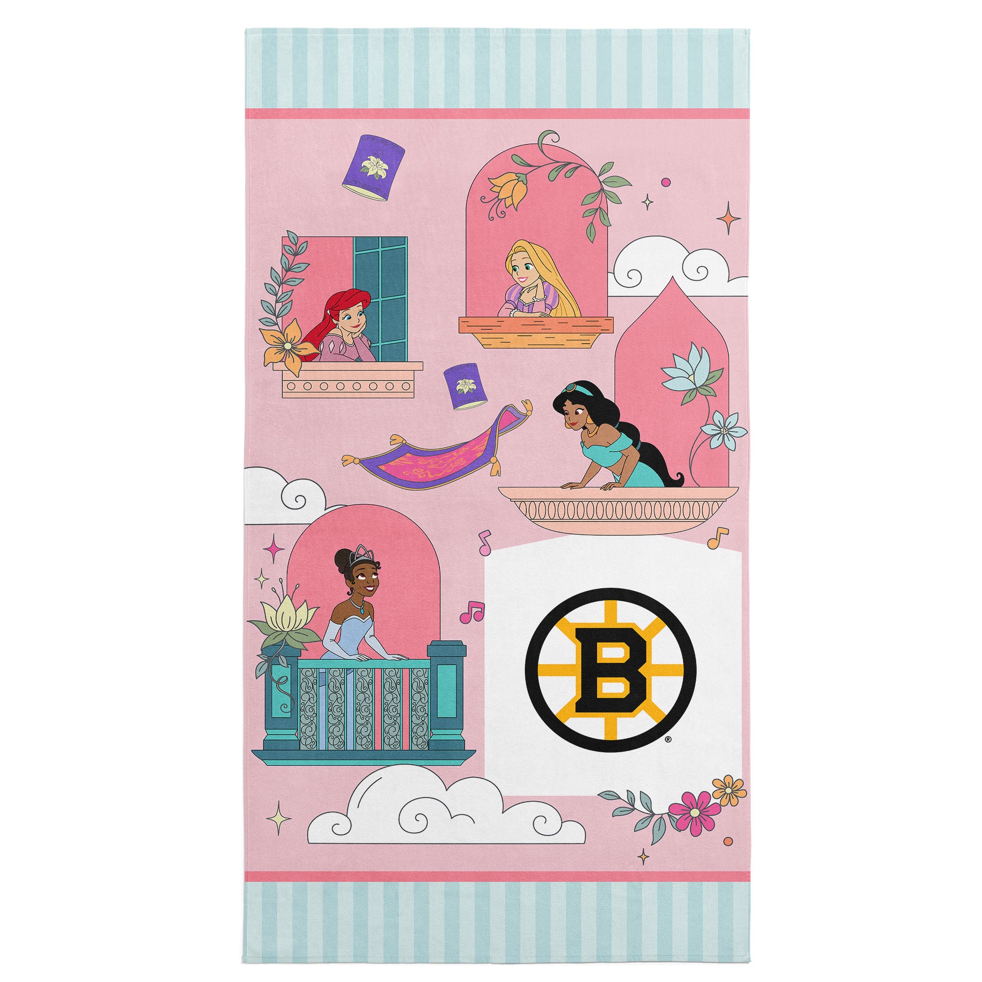 NHL Boston Bruins Disney Princesses Window Scene Pink Microfiber Beach Towel 30x60 inches