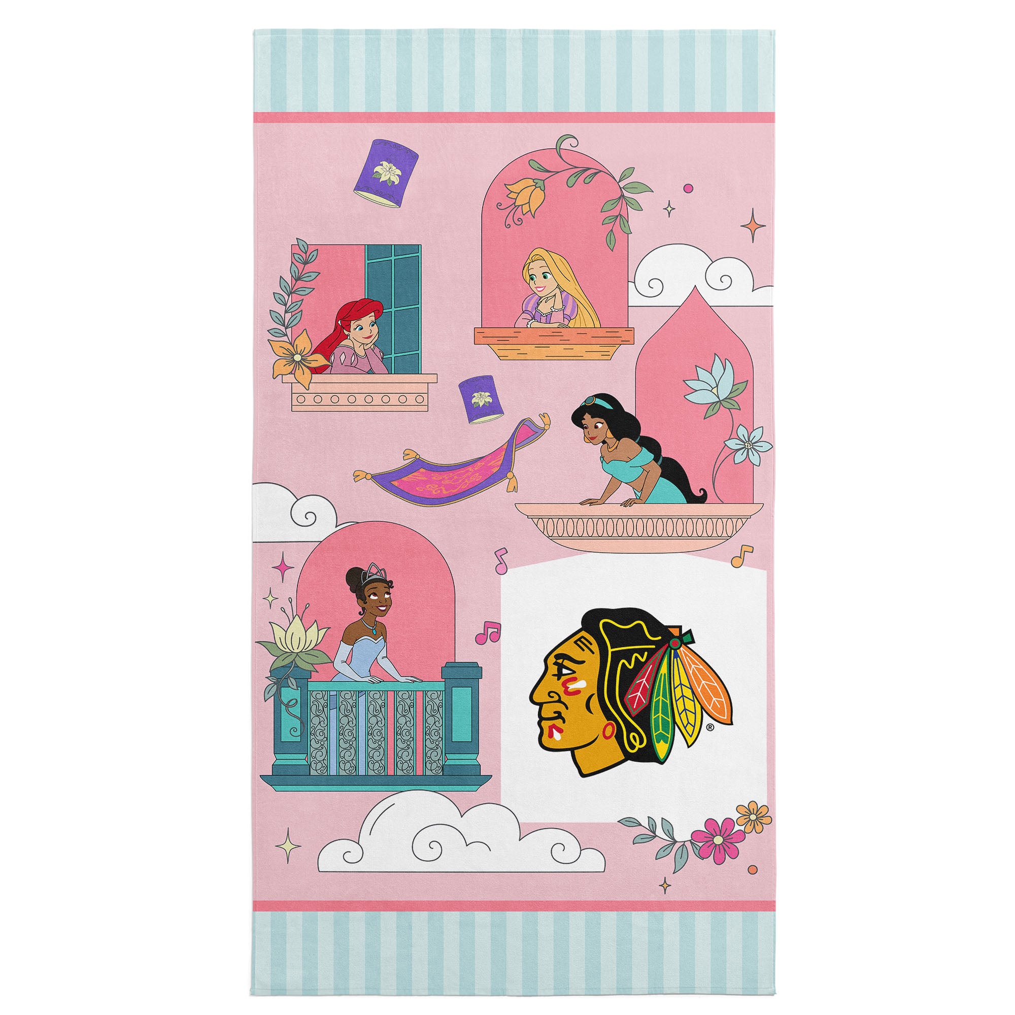 NHL Chicago Blackhawks Disney Princesses Window Scene Pink Microfiber Beach Towel 30x60 inches