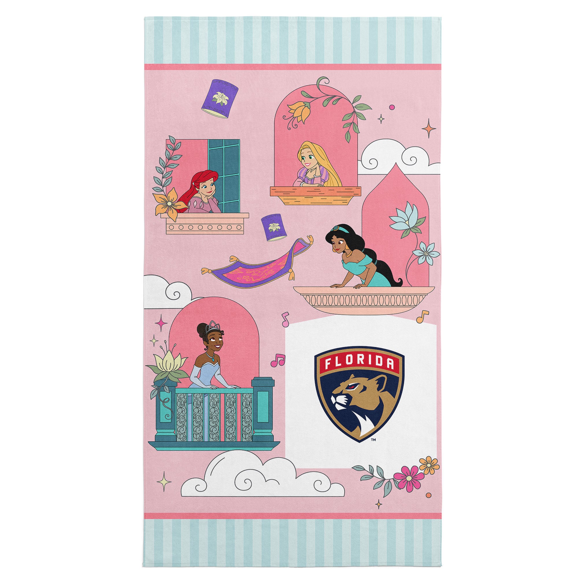NHL Florida Panthers Disney Princesses Window Scene Pink Microfiber Beach Towel 30x60 inches