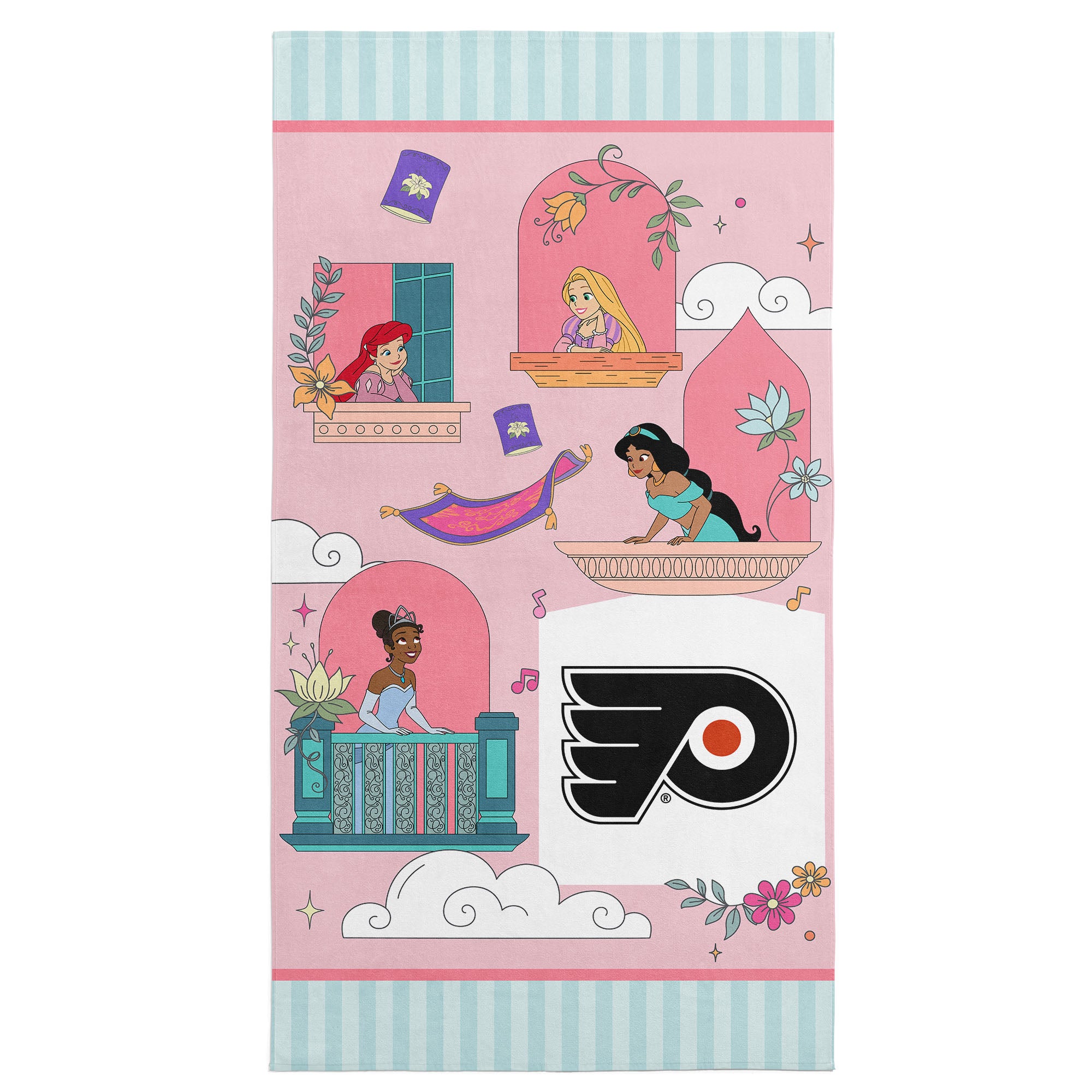 NHL Philadelphia Flyers Disney Princesses Window Scene Pink Microfiber Beach Towel 30x60 inches
