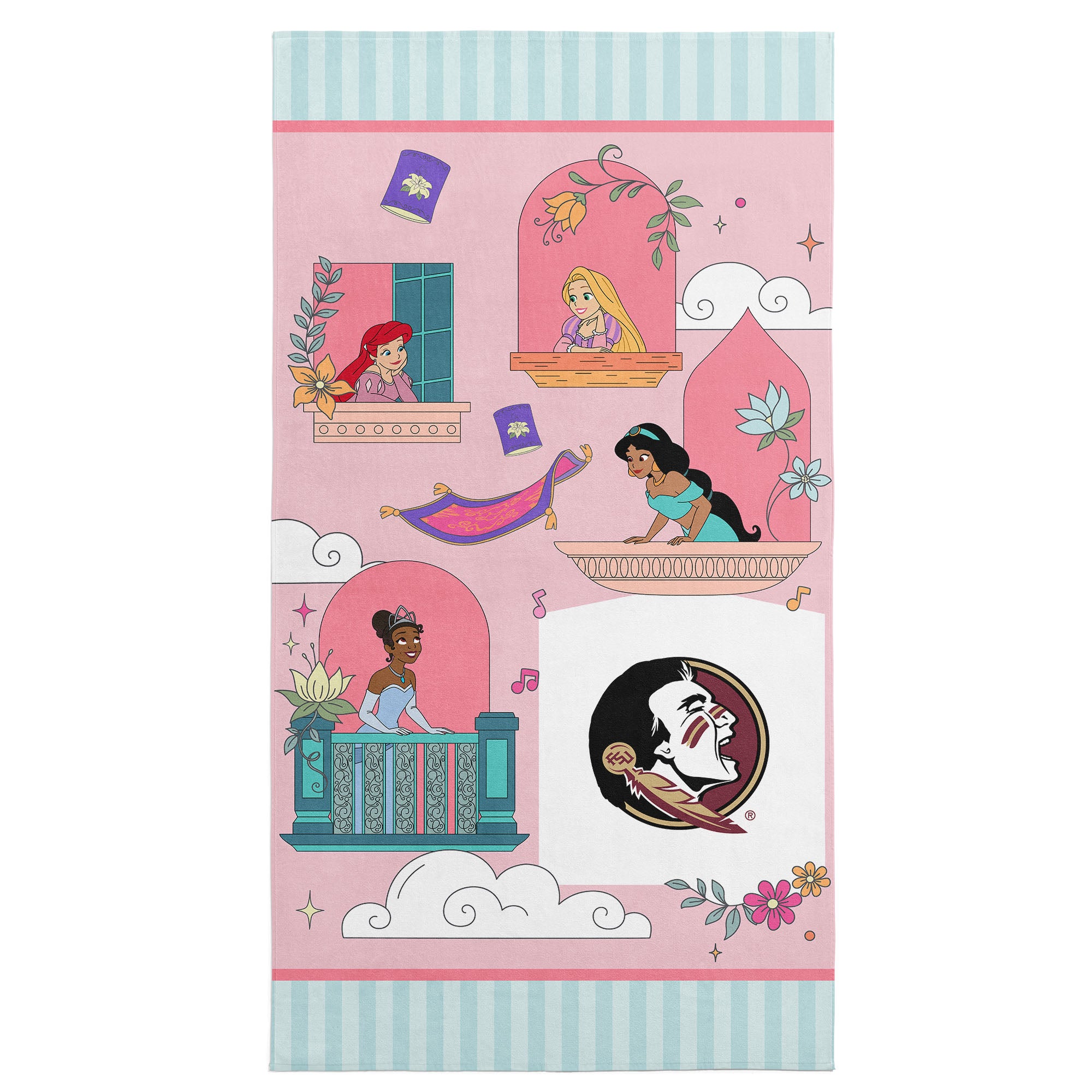 Collegiate Florida State University Disney Princesses Window Scene Pink Microfiber Beach Towel 30x60 inches