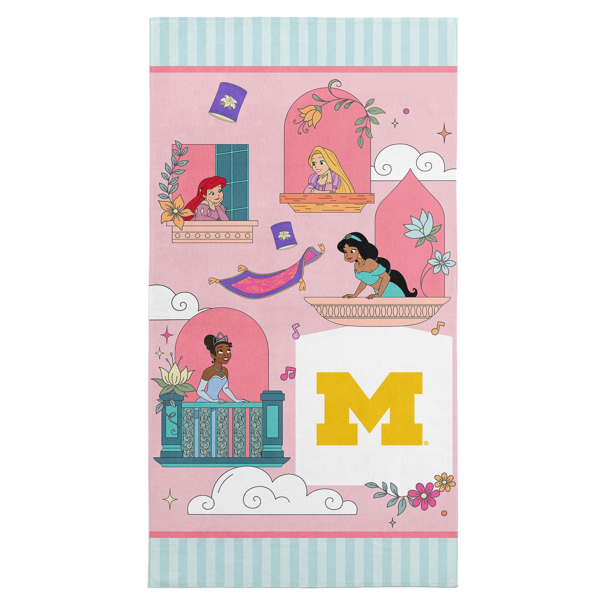 Collegiate University of Michigan Disney Princesses Window Scene Pink Microfiber Beach Towel 30x60 inches