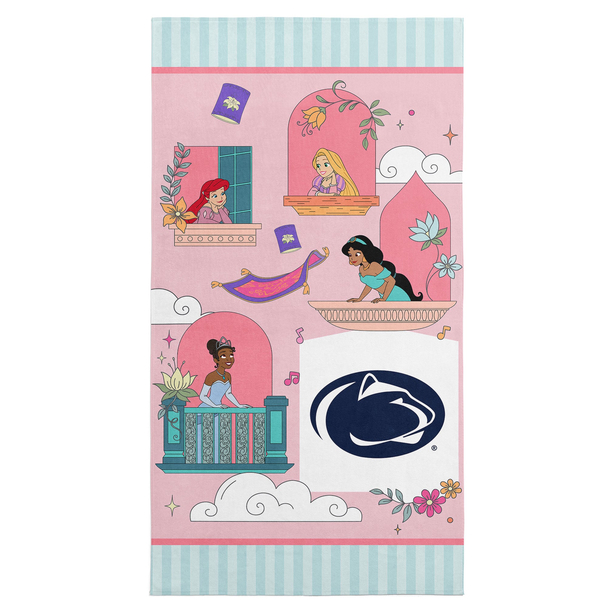 Collegiate Penn State University Disney Princesses Window Scene Pink Microfiber Beach Towel 30x60 inches