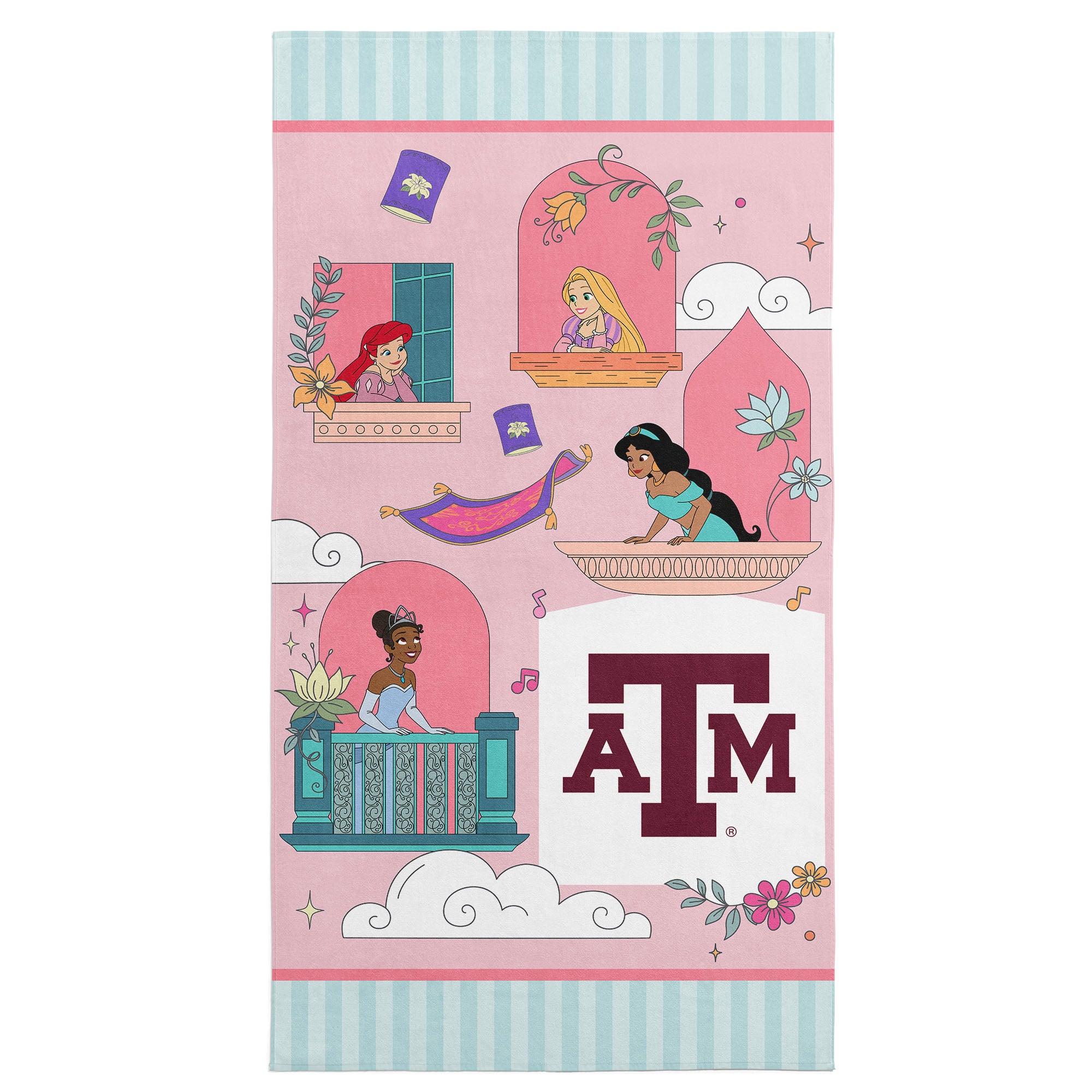 Collegiate Texas A&M University Disney Princesses Window Scene Pink Microfiber Beach Towel 30x60 inches