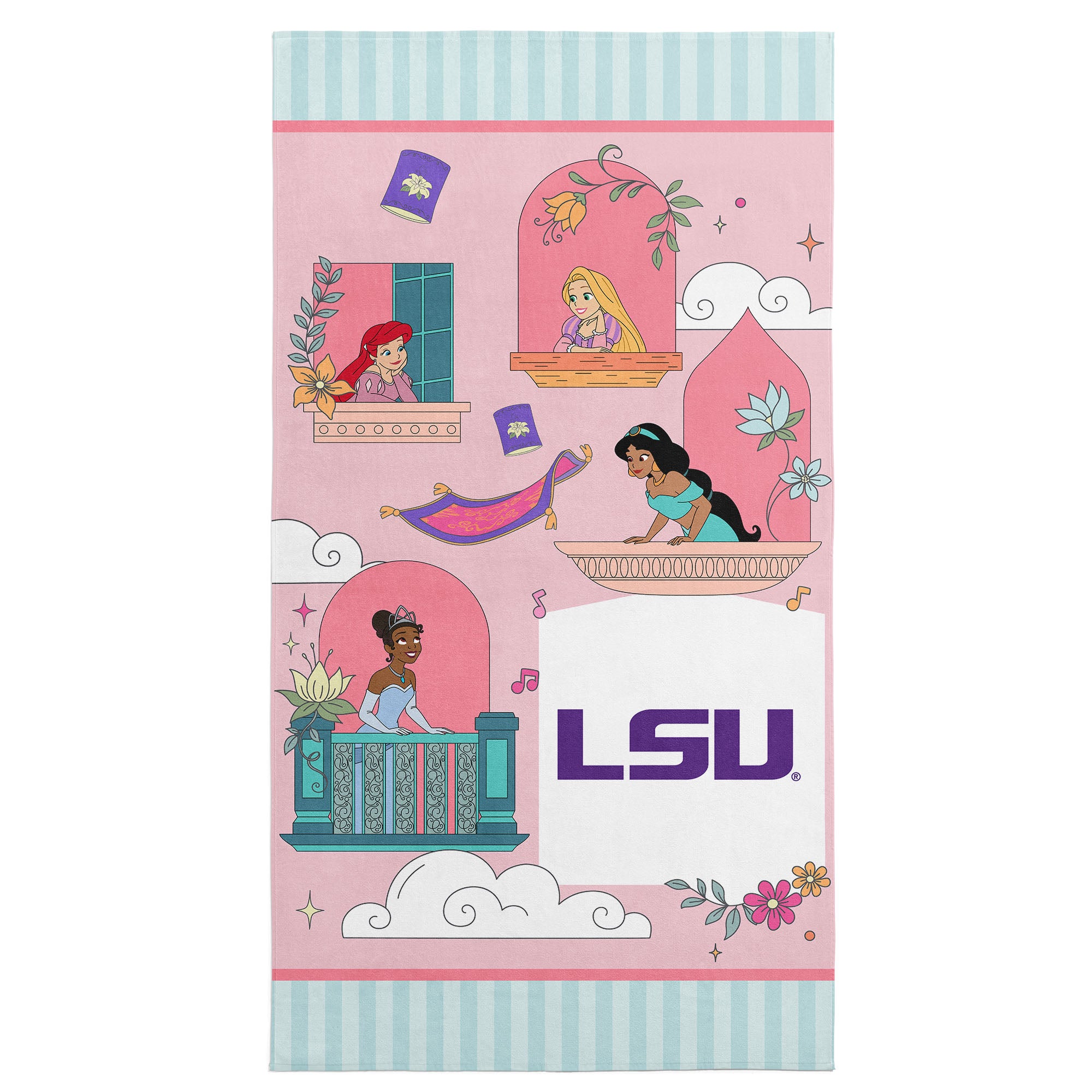 Collegiate Louisiana State University Disney Princesses Window Scene Pink Microfiber Beach Towel 30x60 inches