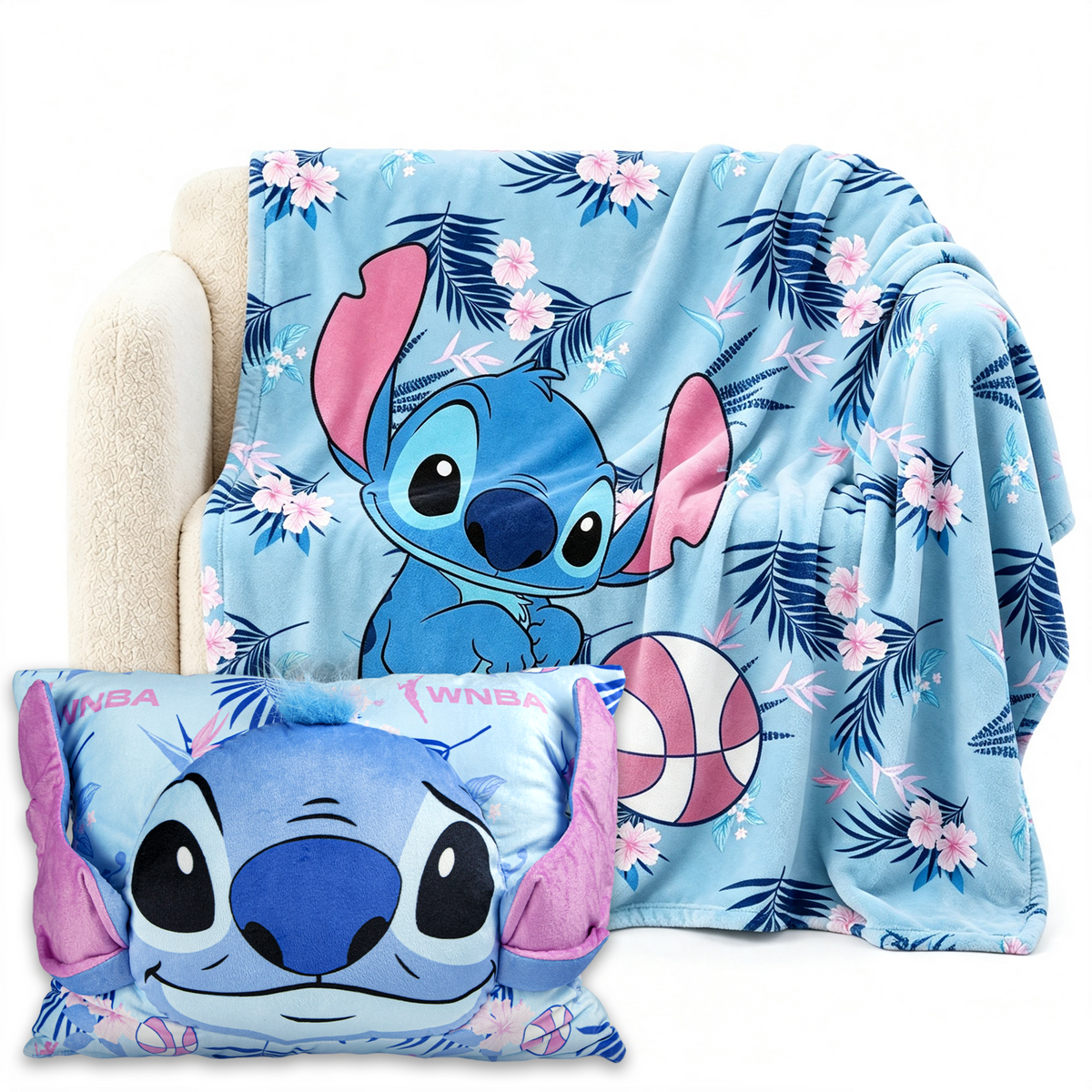 WNBA Lilo and Stitch Sporty Stitch Silk Touch Throw Blanket with Plush Pocket Pillow