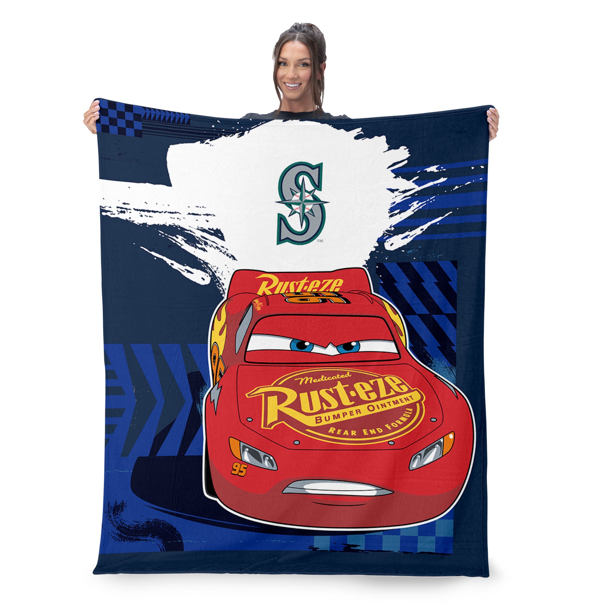 MLB Seattle Mariners Disney Cars Lap Time Navy Silk Touch Throw Blanket 46x60 inches