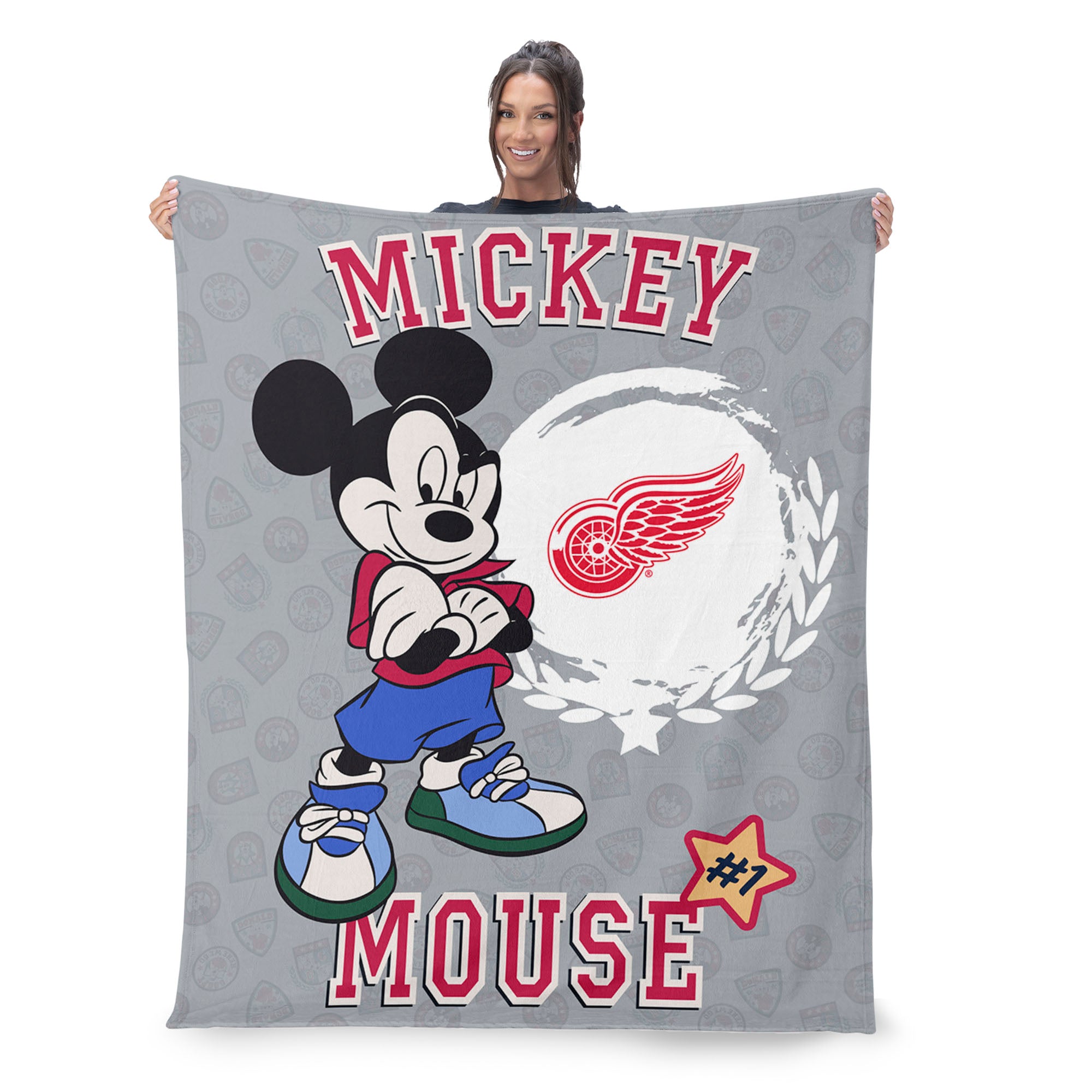 NHL Detroit Red Wings Disney Mickey Mouse Baller Grey Silk Touch Throw Blanket 46x60 inches