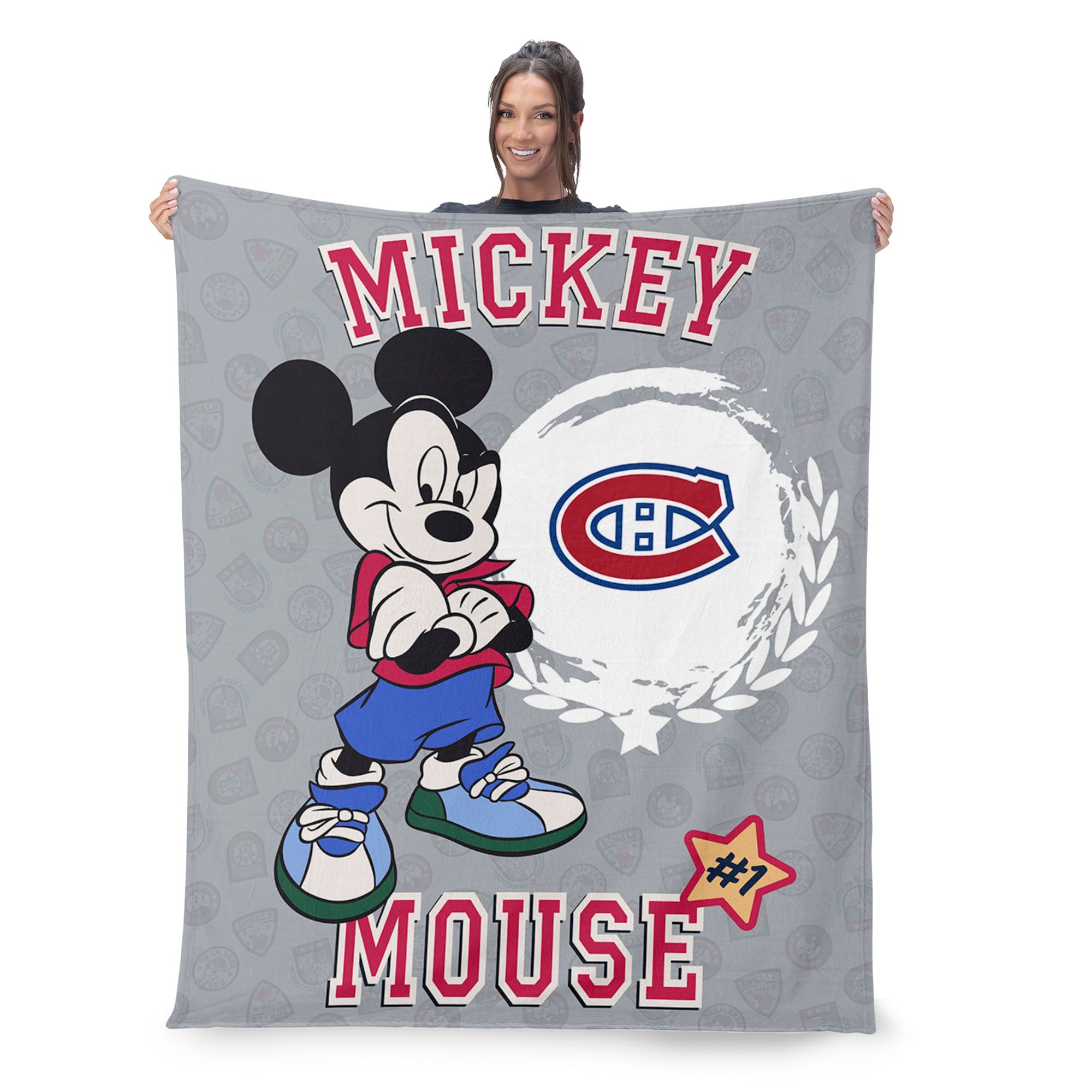 NHL Montreal Canadiens Disney Mickey Mouse Baller Grey Silk Touch Throw Blanket 46x60 inches