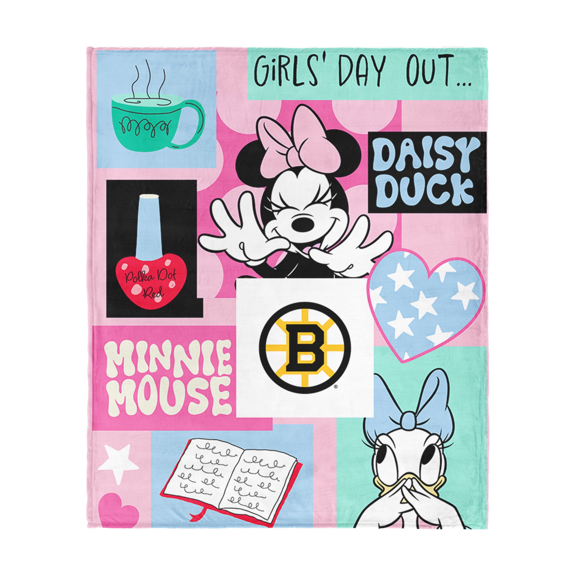 NHL Boston Bruins Disney Minnie Mouse Checker Floral Pink Silk Touch Throw Blanket 46x60 inches