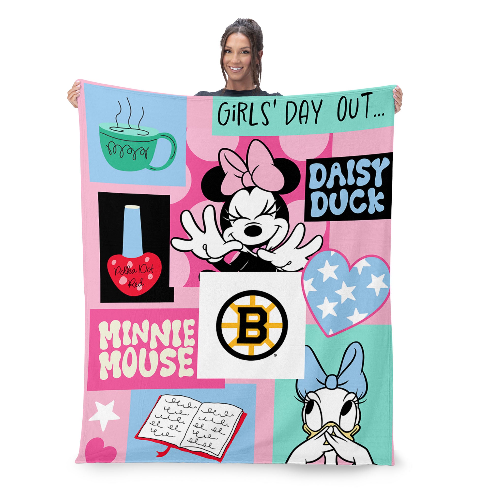 NHL Boston Bruins Disney Minnie Mouse Checker Floral Pink Silk Touch Throw Blanket 46x60 inches