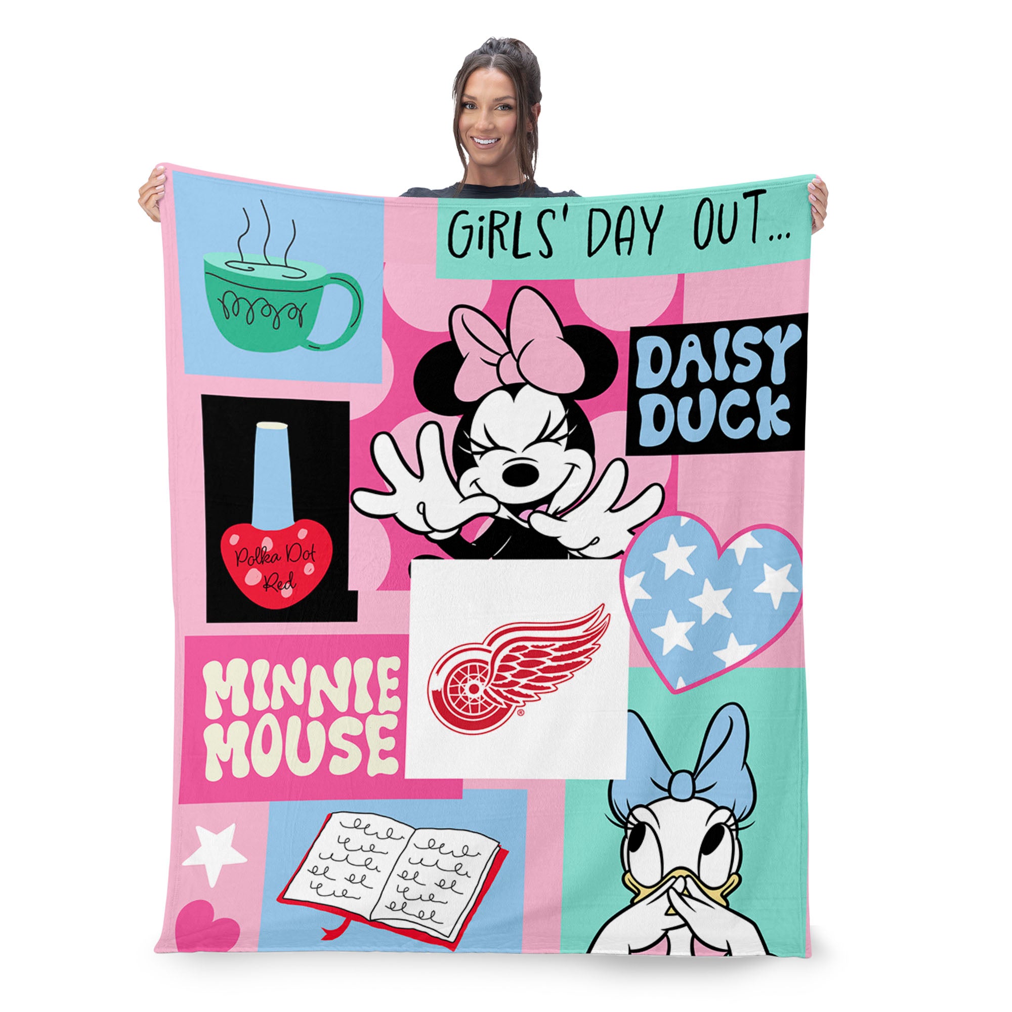 NHL Detroit Red Wings Disney Minnie Mouse Checker Floral Pink Silk Touch Throw Blanket 46x60 inches