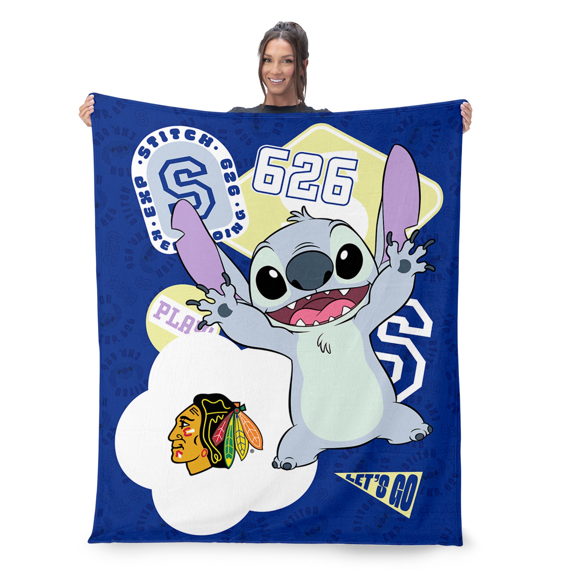 NHL Chicago Blackhawks Disney Lilo & Stitch Stickers Royal Silk Touch Throw Blanket 46x60 inches