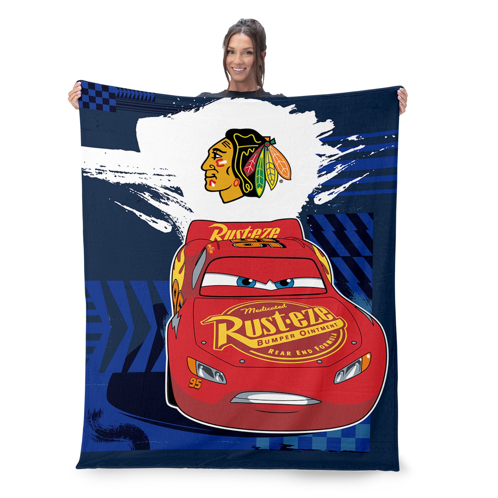 NHL Chicago Blackhawks Disney Cars Lap Time Navy Silk Touch Throw Blanket 46x60 inches