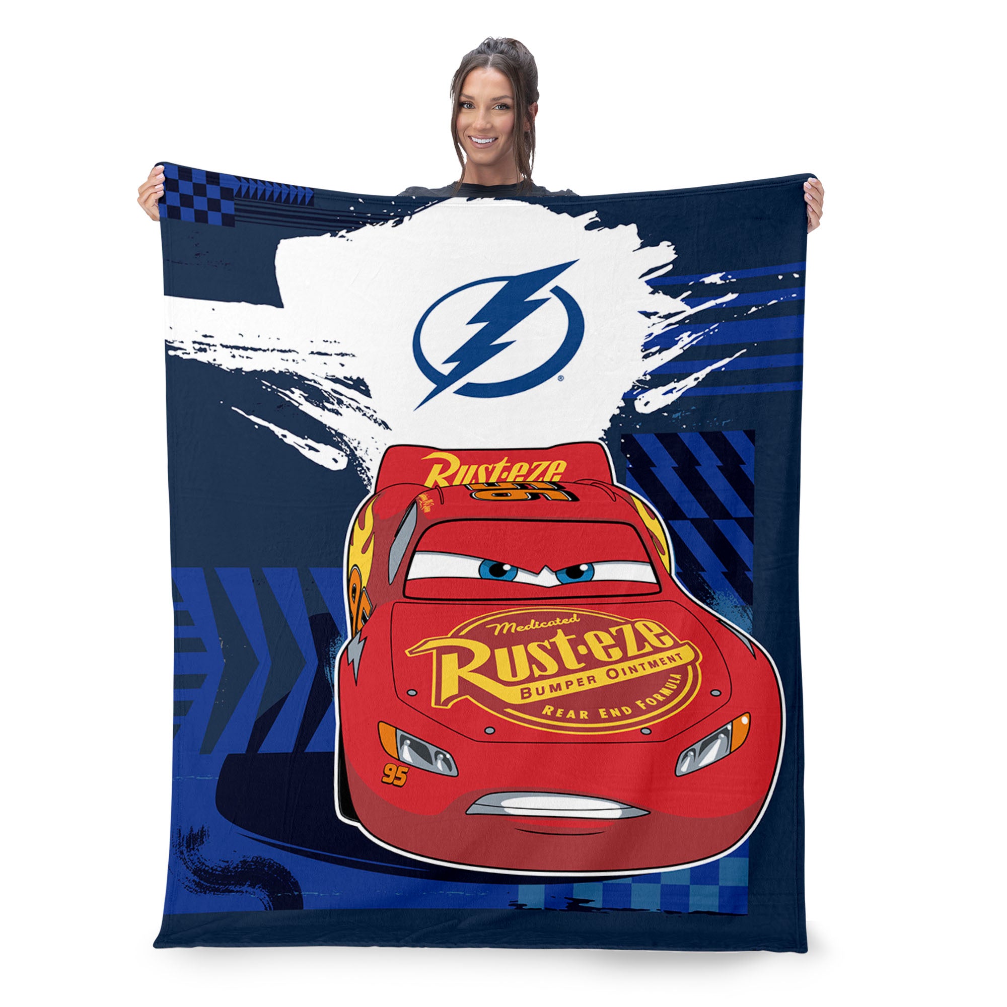 NHL Tampa Bay Lightning Disney Cars Lap Time Navy Silk Touch Throw Blanket 46x60 inches