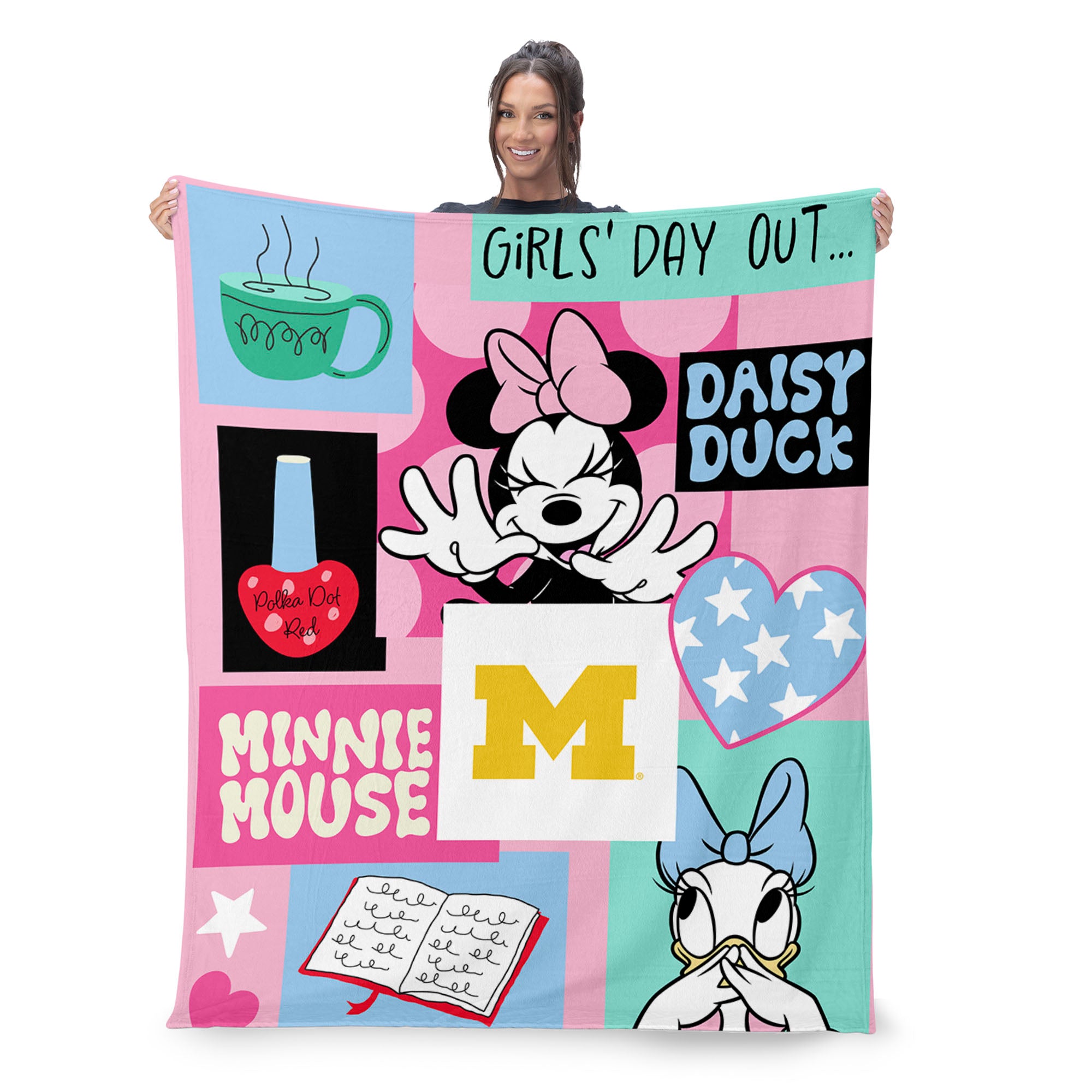 Collegiate University of Michigan Disney Minnie Mouse Checker Floral Pink Silk Touch Throw Blanket 46x60 inches