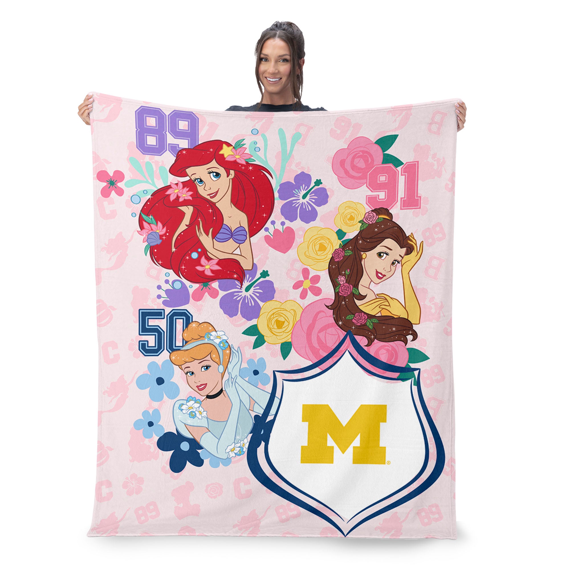Collegiate University of Michigan Disney Princesses Game On Girls Pink Silk Touch Throw Blanket 46x60 inches