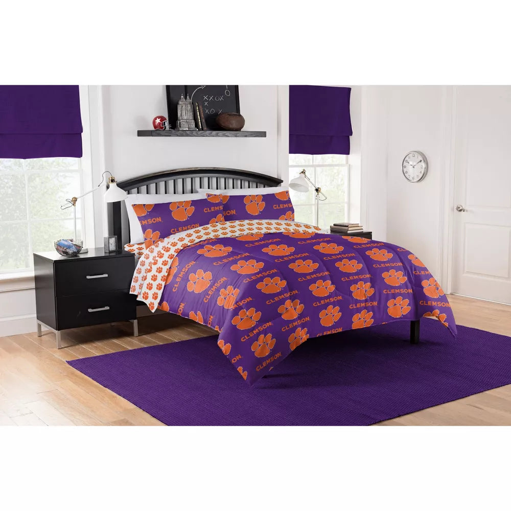 NCAA Rotary Clemson Tigers 7 PC Queen Bed In Bag Set