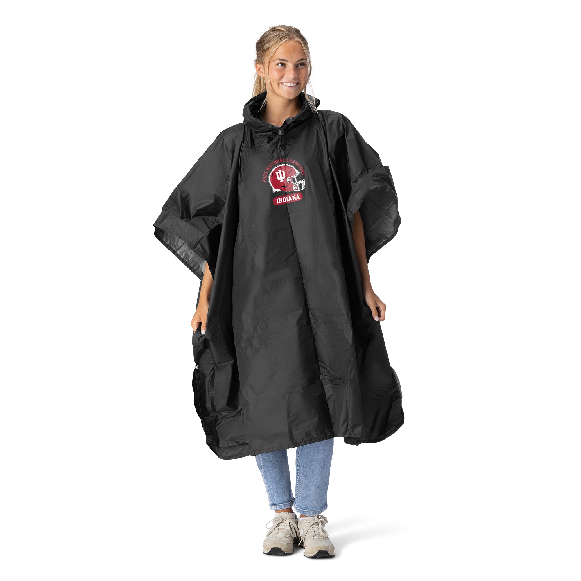 2025 NCAA Football Championship Indiana Hoosiers Hardened Black Rain Poncho with Mesh Bag 49×44 inches
