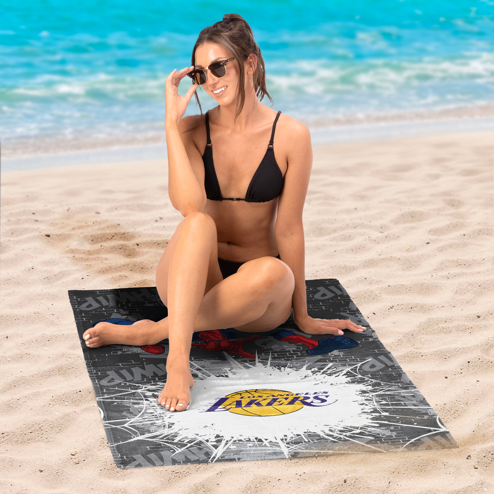 NBA Los Angeles Lakers Marvel Spider Man Web Core Grey Microfiber Beach Towel 30x60 inches