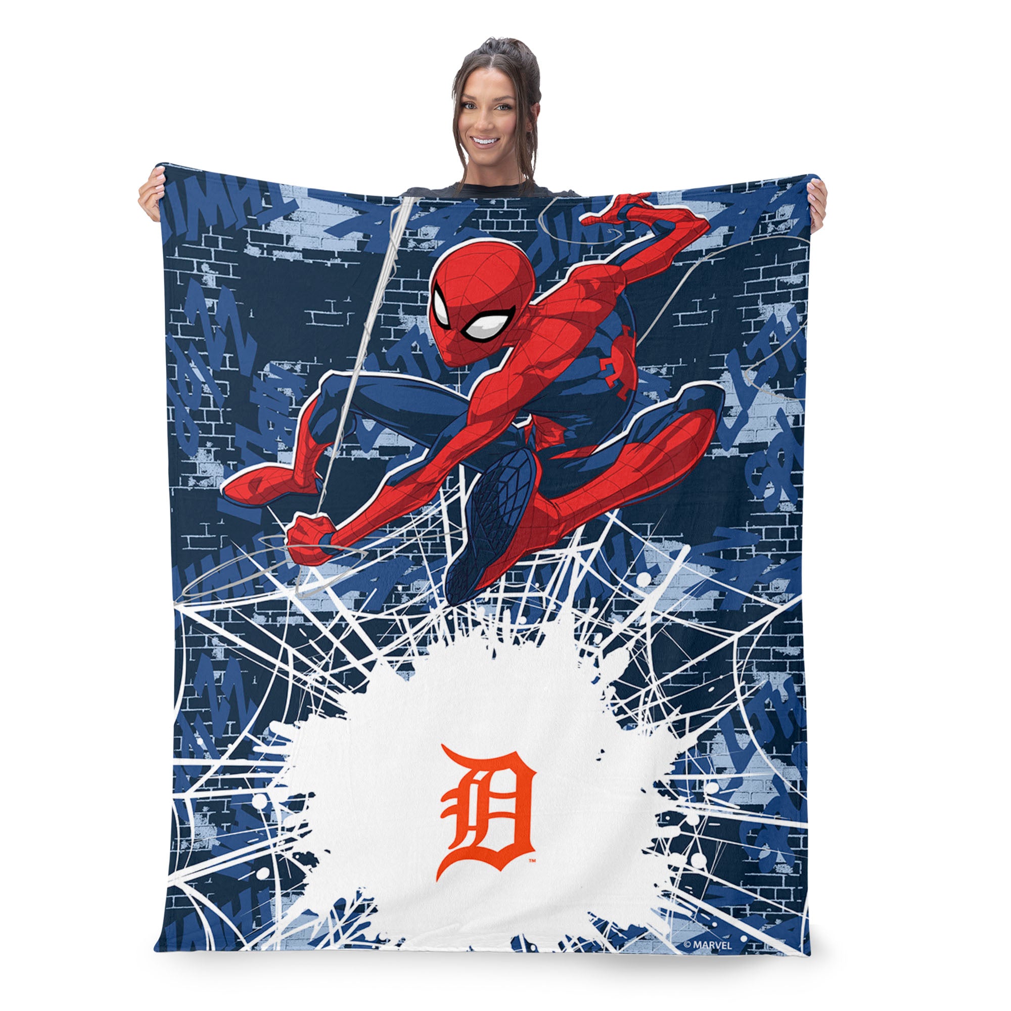 MLB Detroit Tigers Marvel Spider Man Web Sling Navy Silk Touch Throw Blanket 46x60 inches