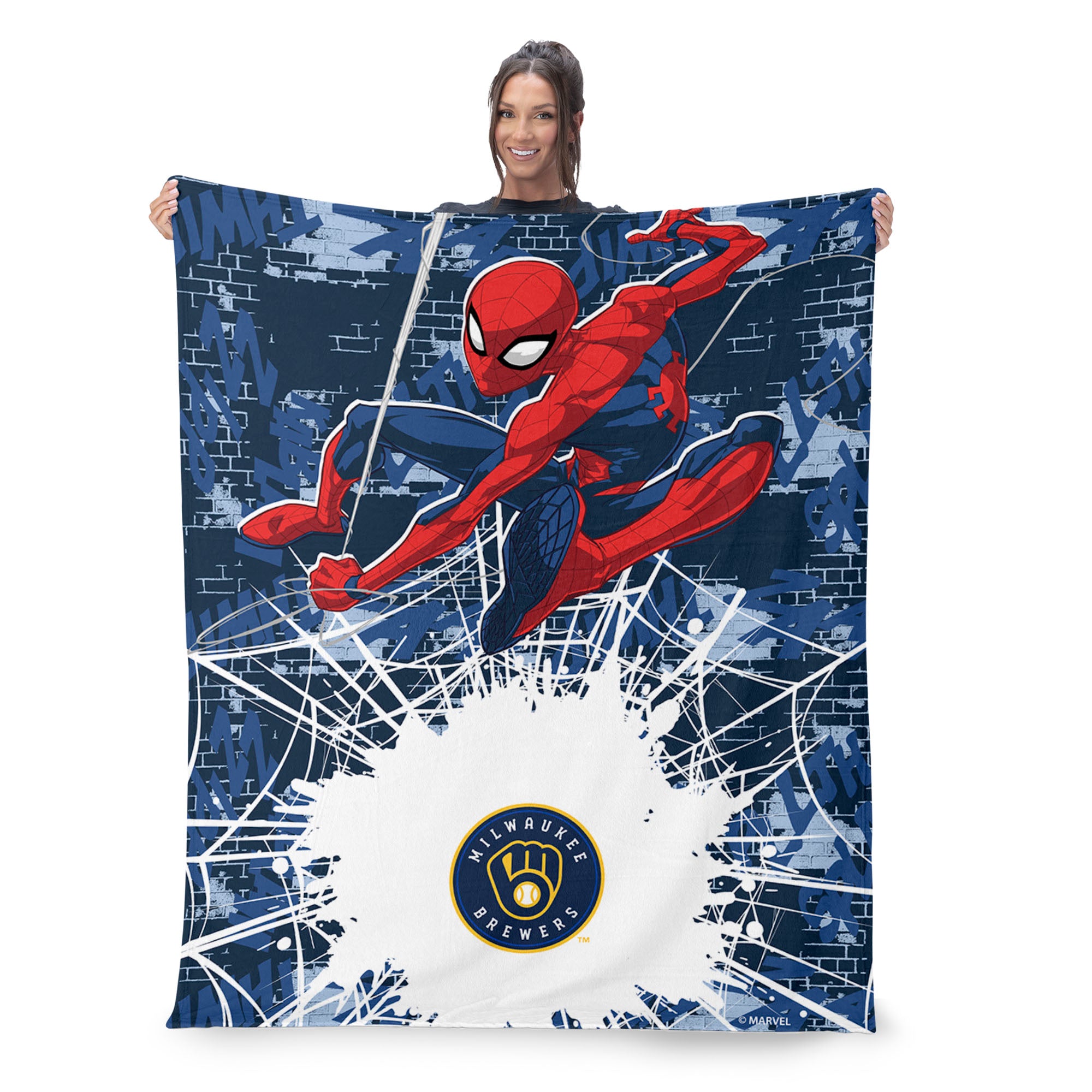 MLB Milwaukee Brewers Marvel Spider Man Web Sling Navy Silk Touch Throw Blanket 46x60 inches