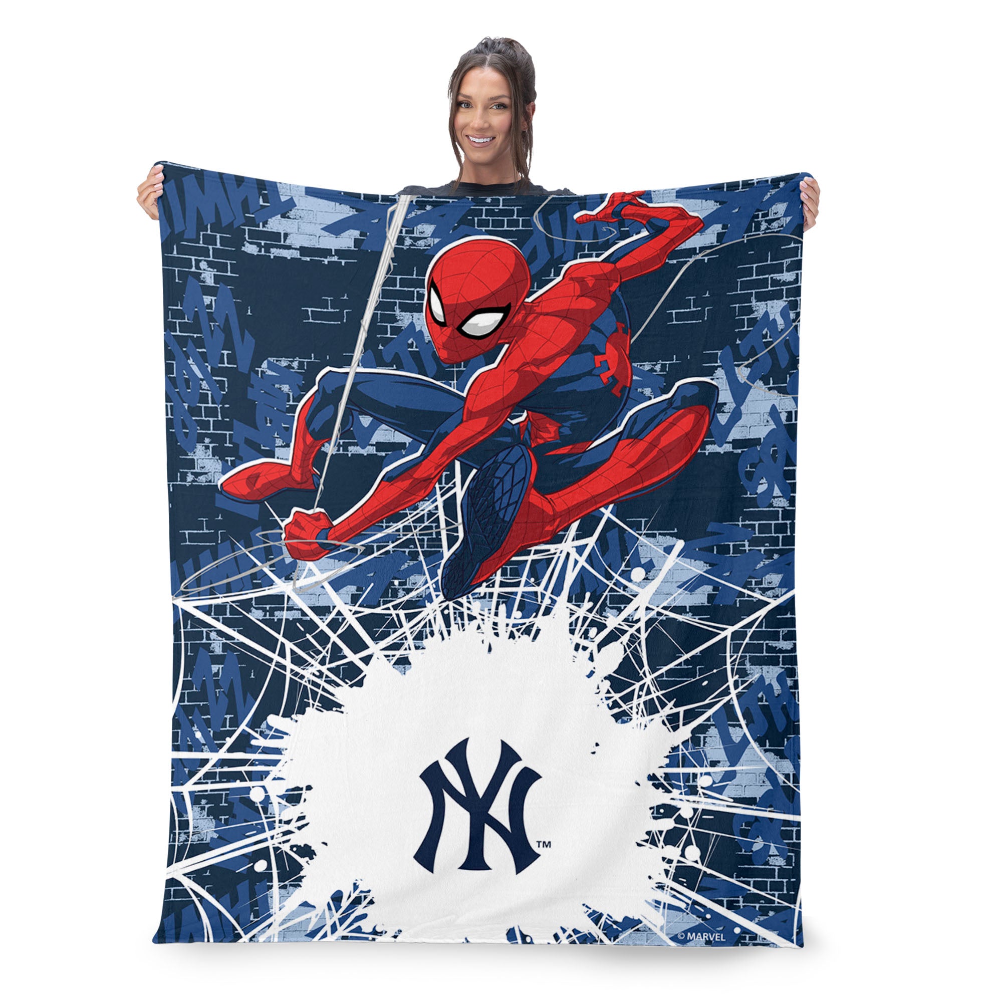 MLB New York Yankees Marvel Spider Man Web Sling Navy Silk Touch Throw Blanket 46x60 inches