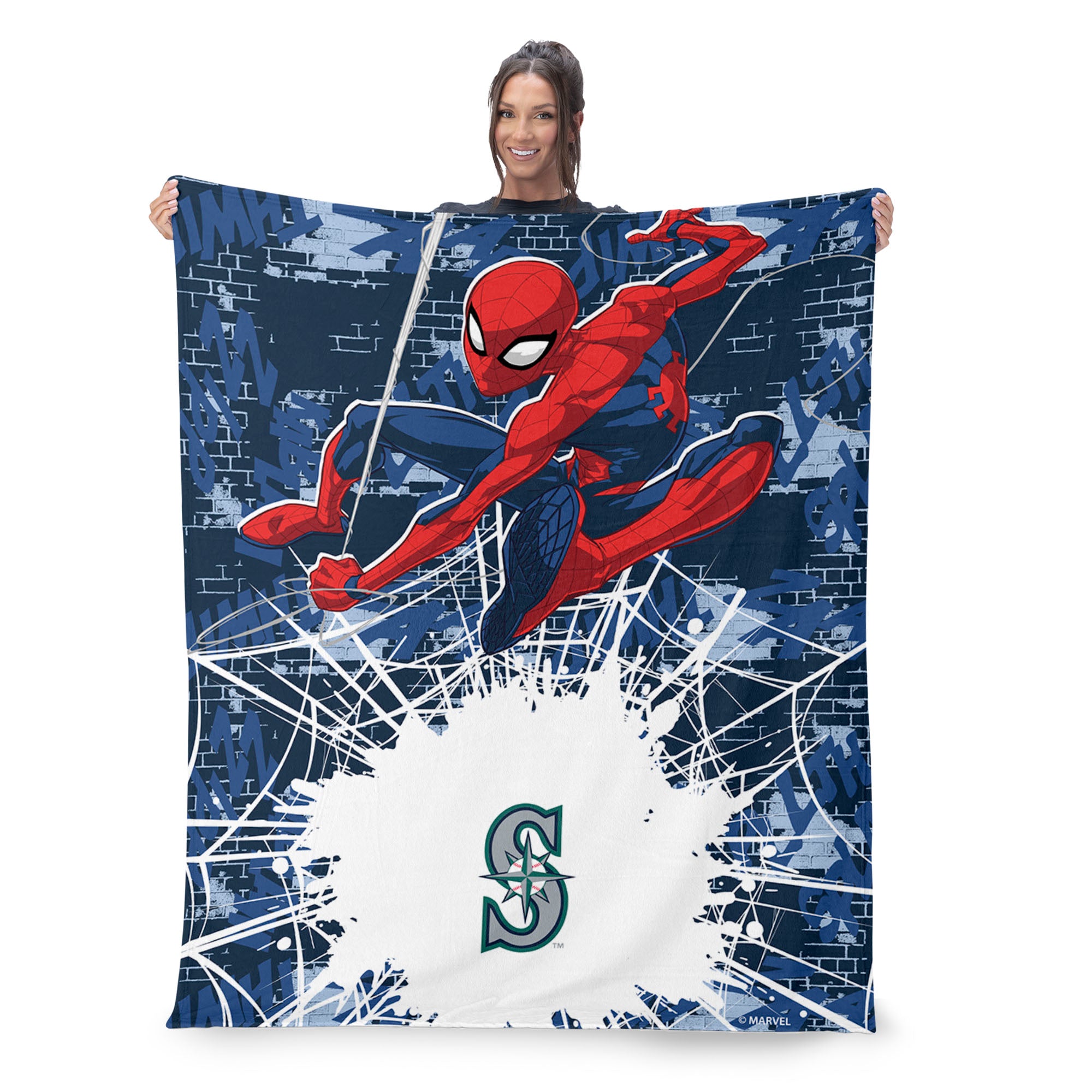 MLB Seattle Mariners Marvel Spider Man Web Sling Navy Silk Touch Throw Blanket 46x60 inches