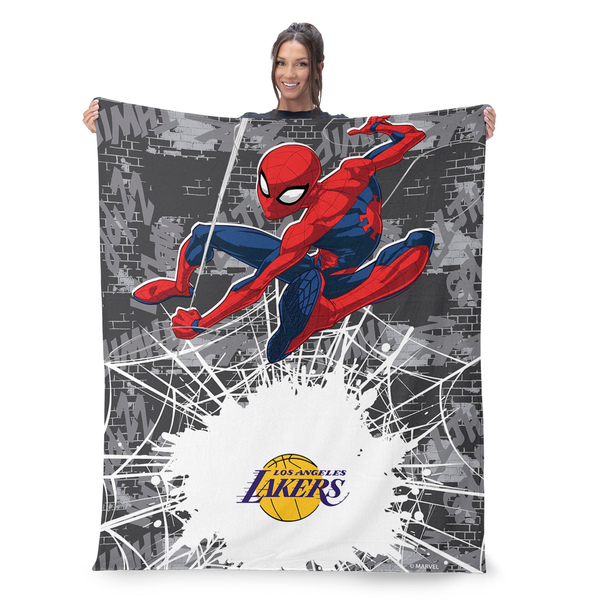 NBA Los Angeles Lakers Marvel Spider Man Web Sling Grey Silk Touch Throw Blanket 46x60 inches