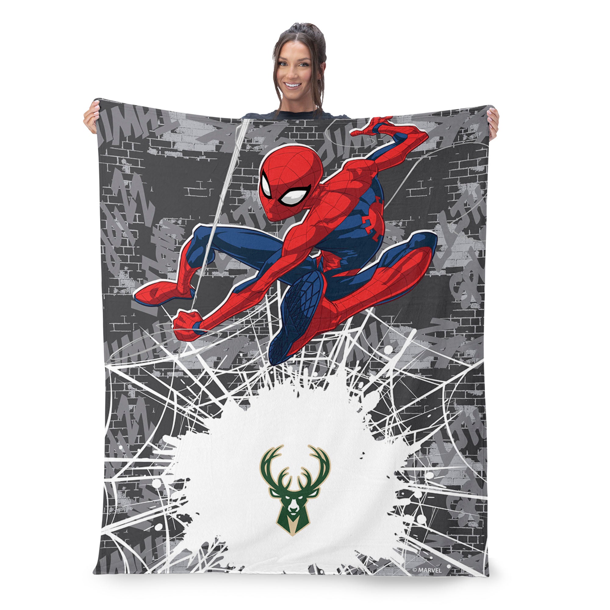 NBA Milwaukee Bucks Marvel Spider Man Web Sling Grey Silk Touch Throw Blanket 46x60 inches