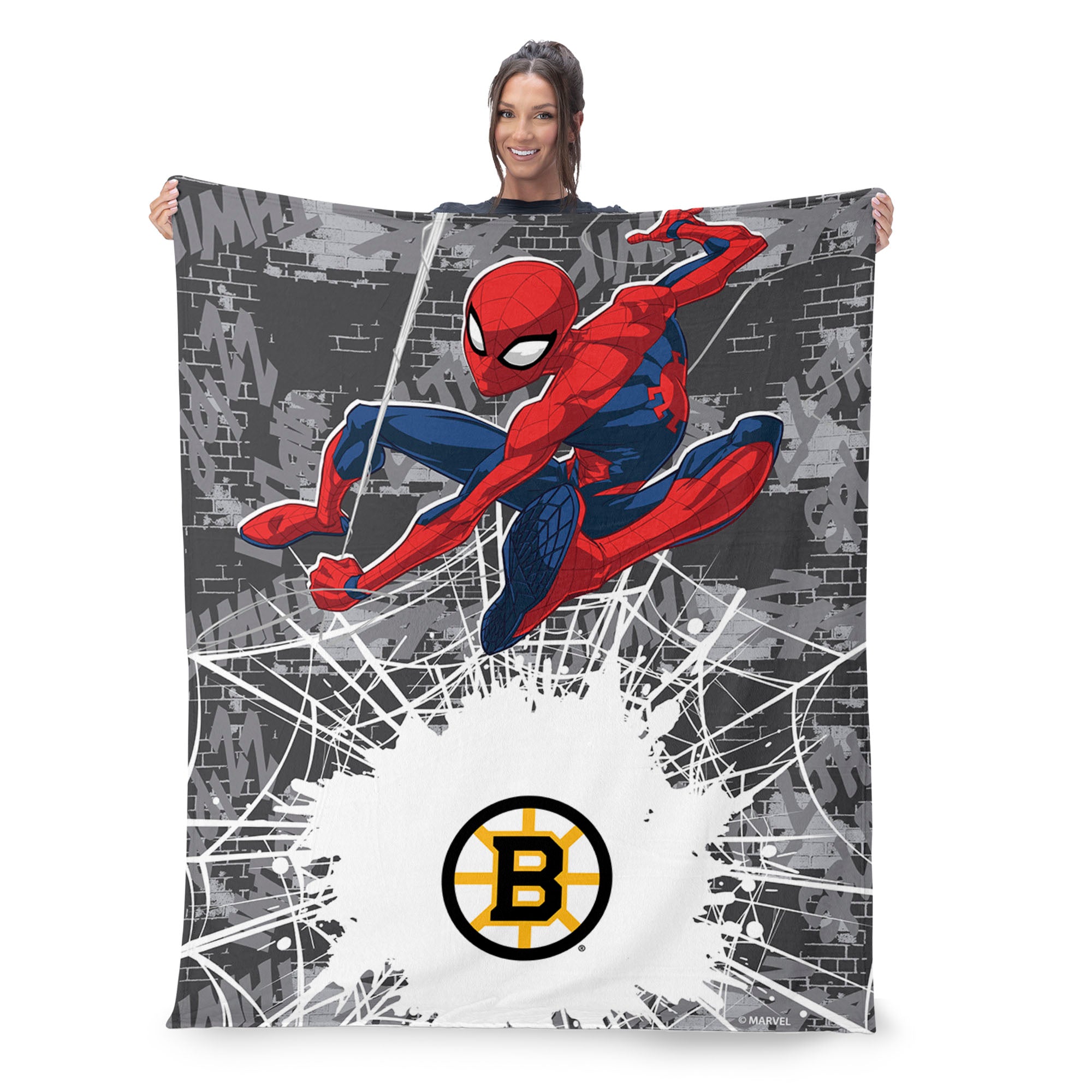NHL Boston Bruins Marvel Spider Man Web Sling Grey Silk Touch Throw Blanket 46x60 inches