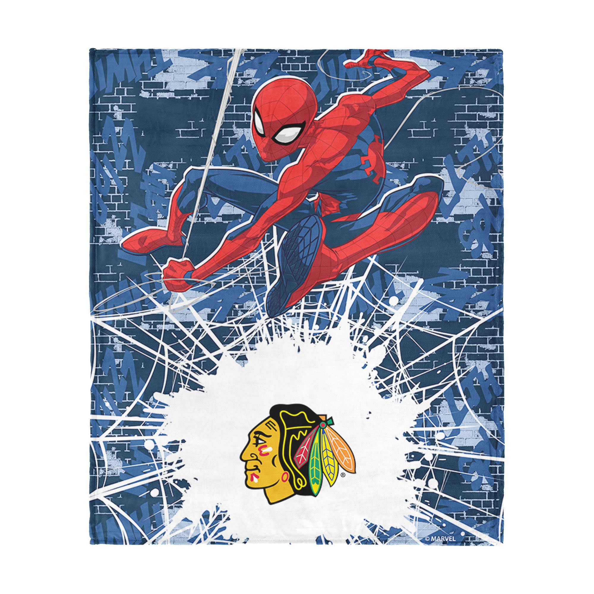 NHL Chicago Blackhawks Marvel Spider Man Web Sling Navy Silk Touch Throw Blanket 46x60 inches