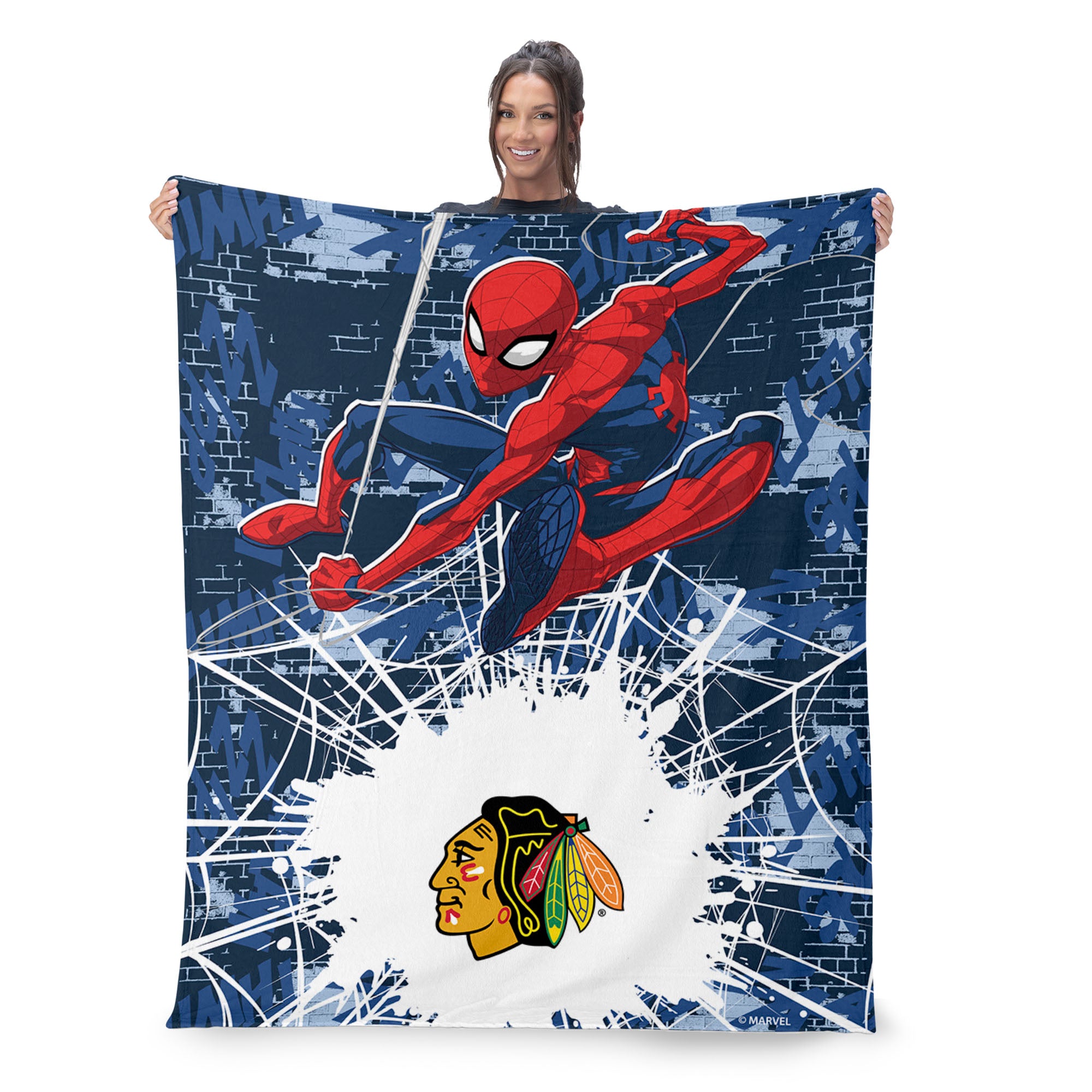NHL Chicago Blackhawks Marvel Spider Man Web Sling Navy Silk Touch Throw Blanket 46x60 inches