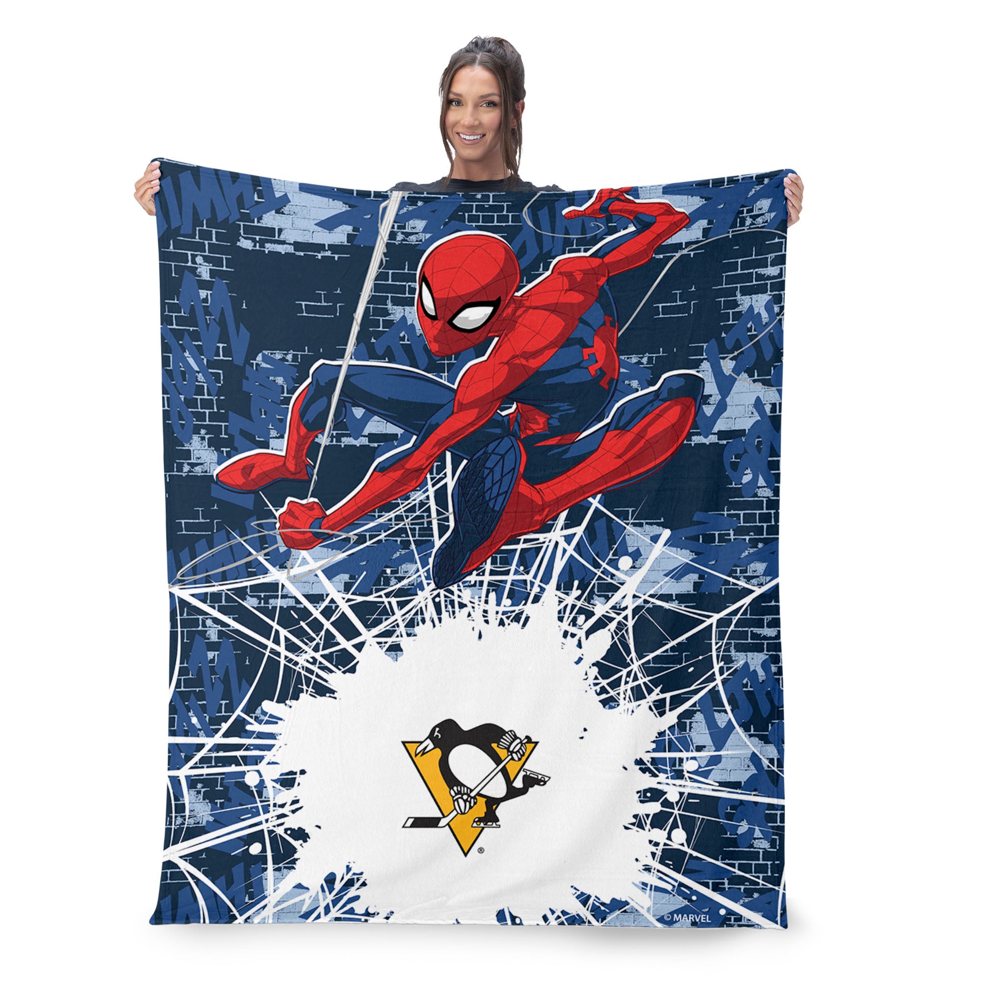 NHL Pittsburgh Penguins Marvel Spider Man Web Sling Navy Silk Touch Throw Blanket 46x60 inches