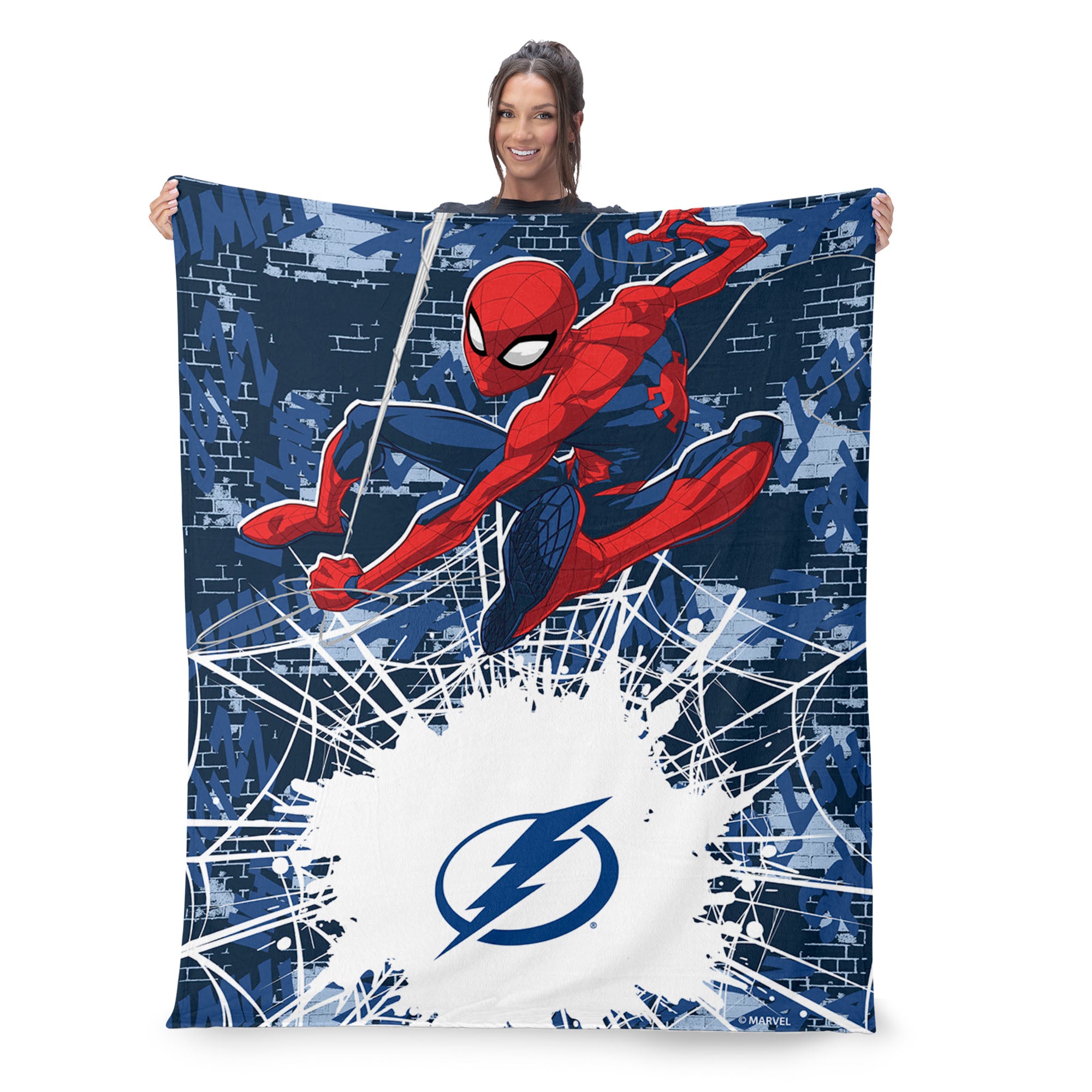 NHL Tampa Bay Lightning Marvel Spider Man Web Sling Navy Silk Touch Throw Blanket 46x60 inches