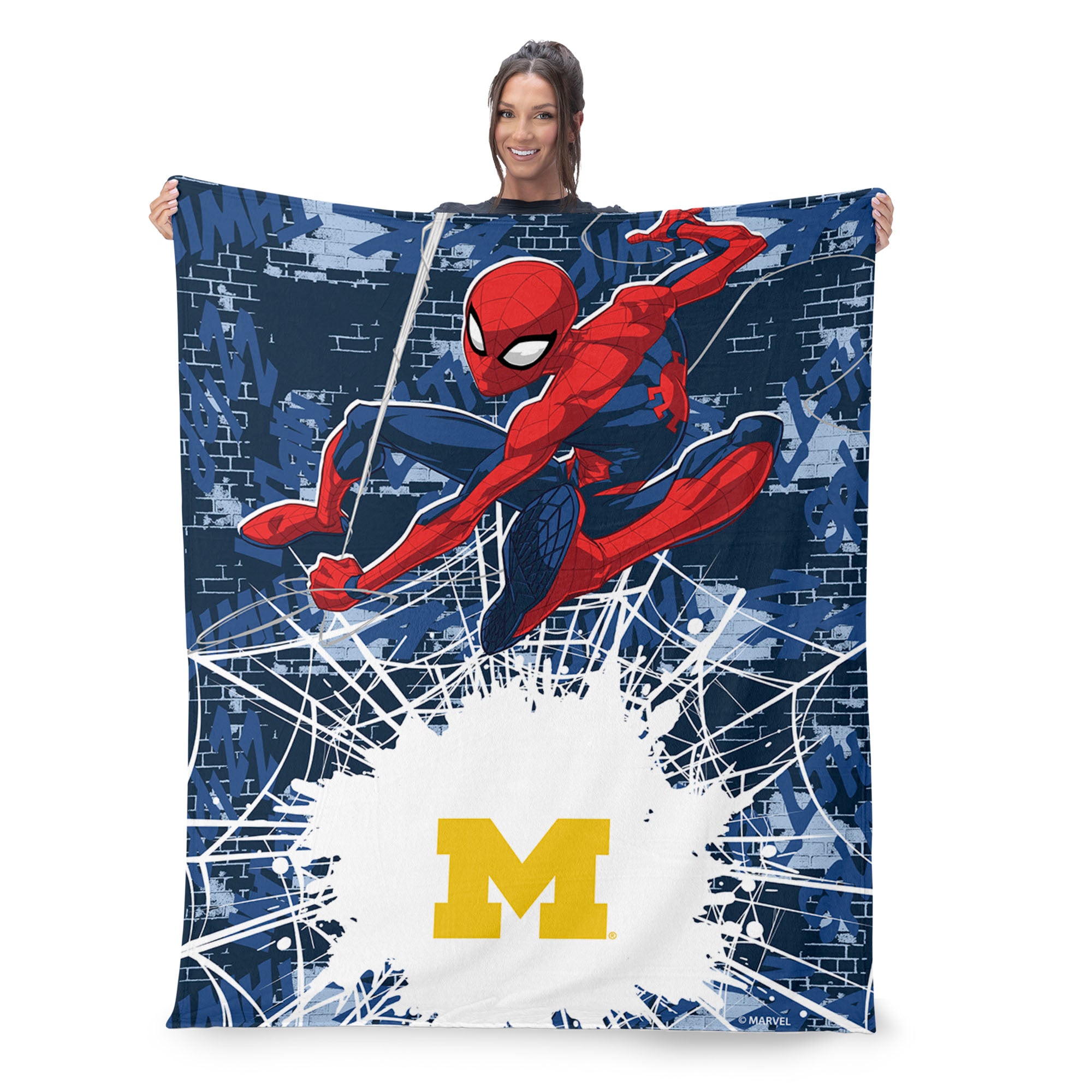 Collegiate University of Michigan Marvel Spider Man Web Sling Navy Silk Touch Throw Blanket 46x60 inches