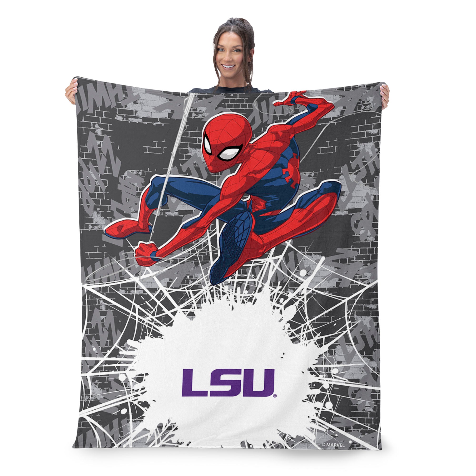 Collegiate Louisiana State University Marvel Spider Man Web Sling Grey Silk Touch Throw Blanket 46x60 inches